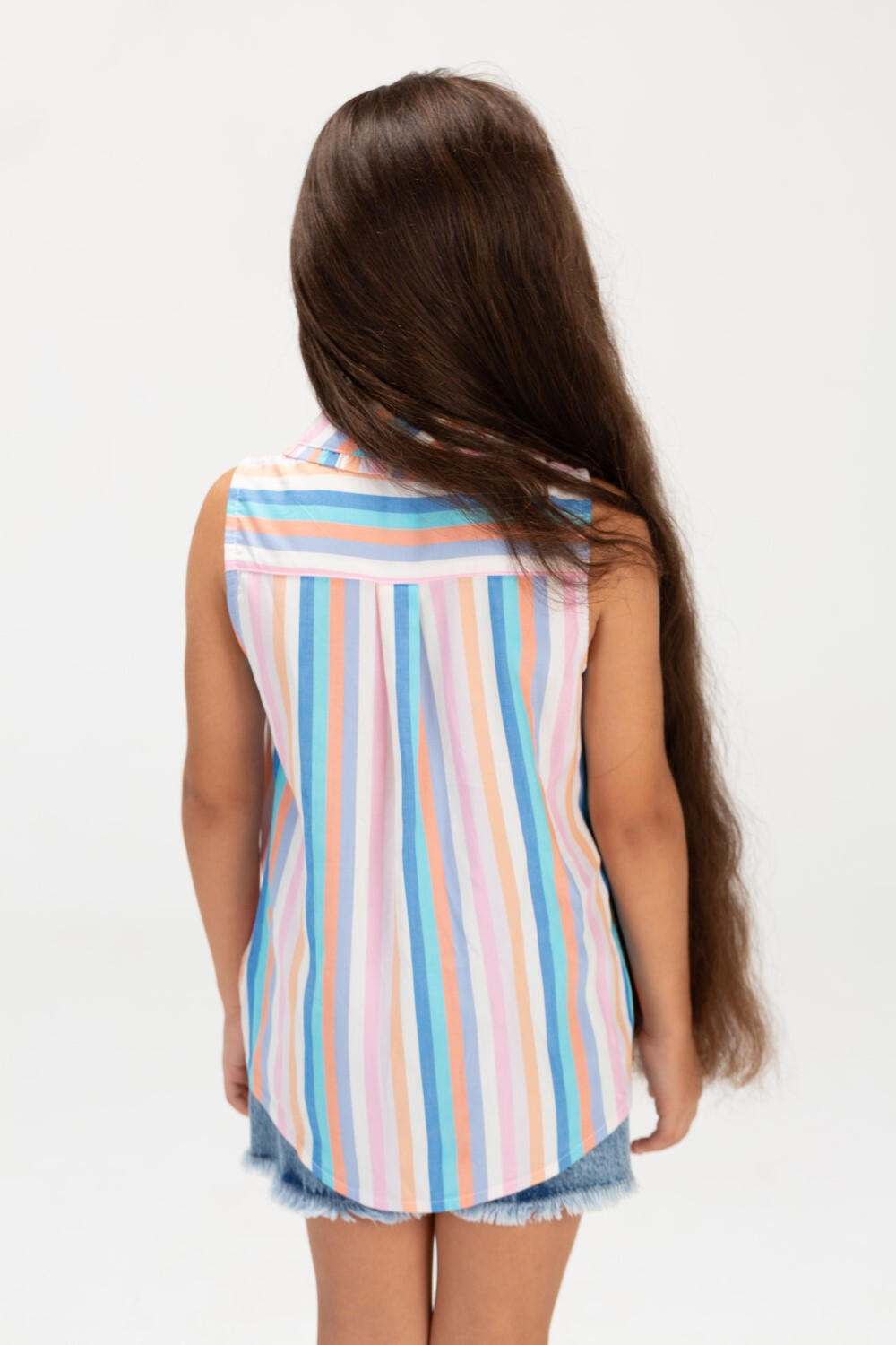 Girls Casual Striped Sleeveless Bouse With Colored Buttons On The Front