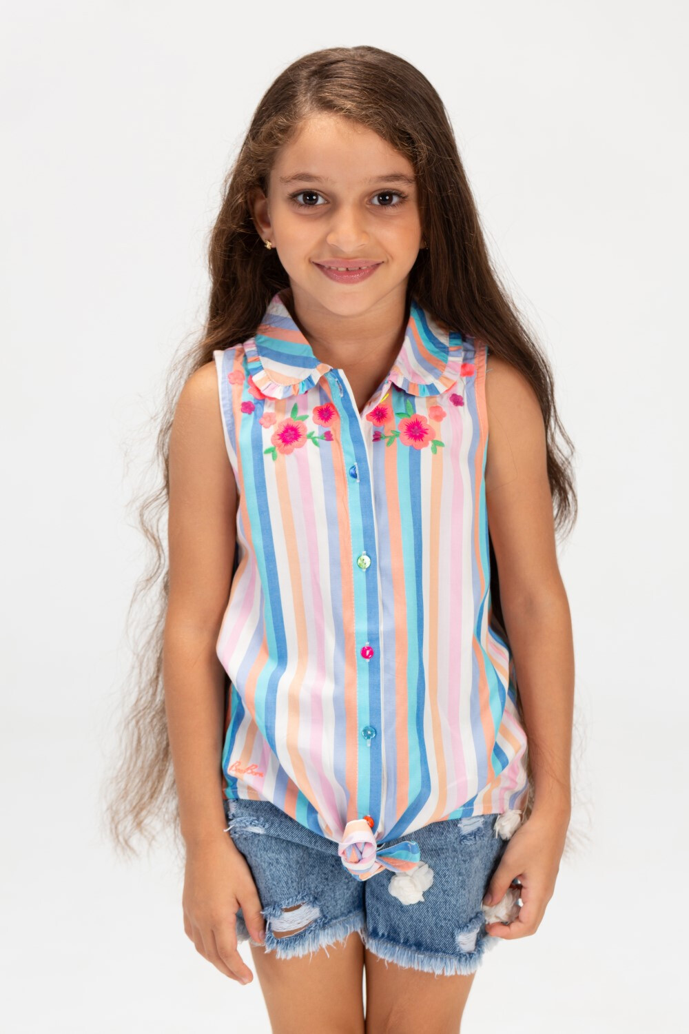 Girls Casual Striped Sleeveless Bouse With Colored Buttons On The Front