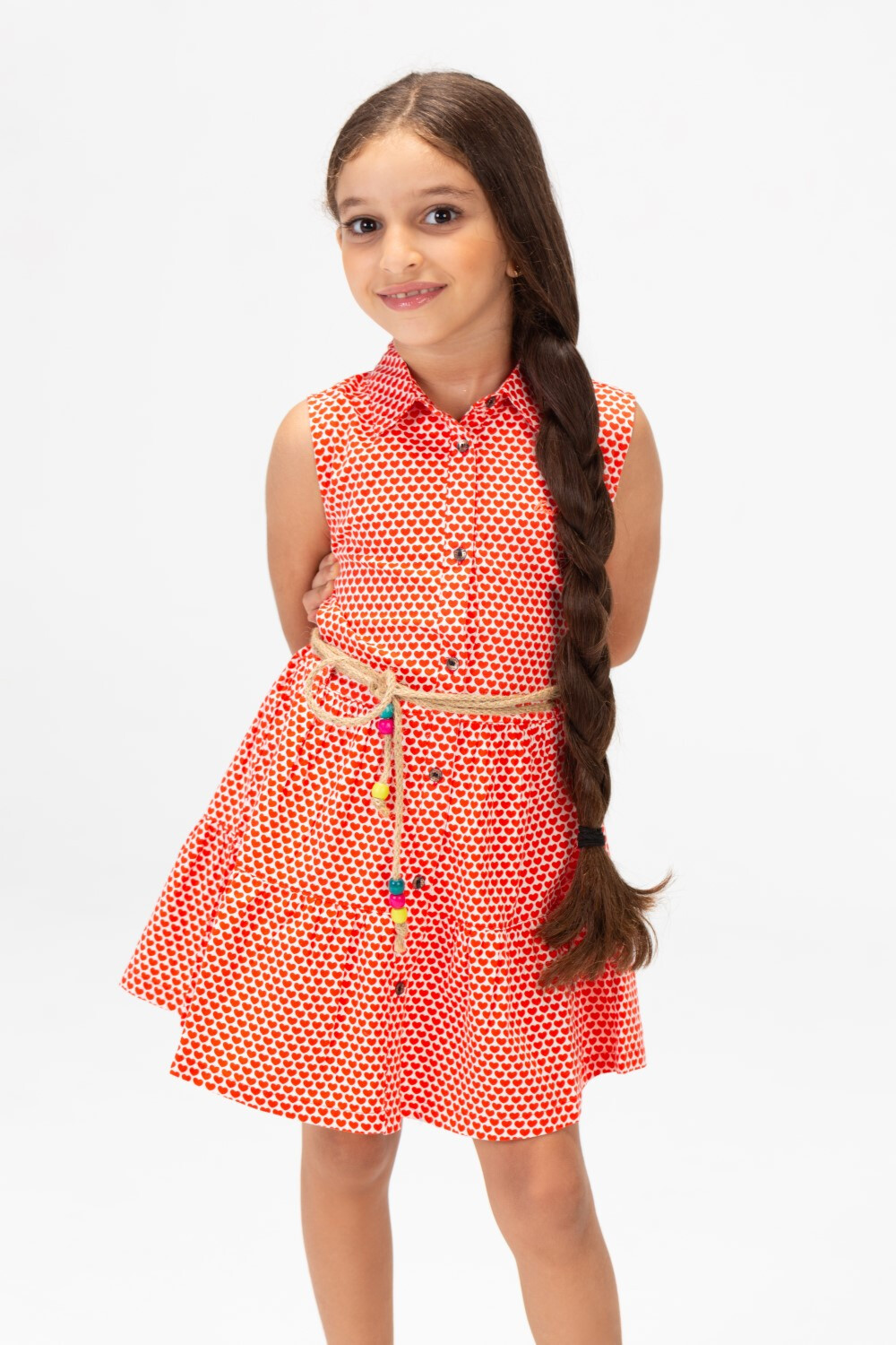 Girls Tomato Printed Dress With Front Buttons And Waist Belt Red