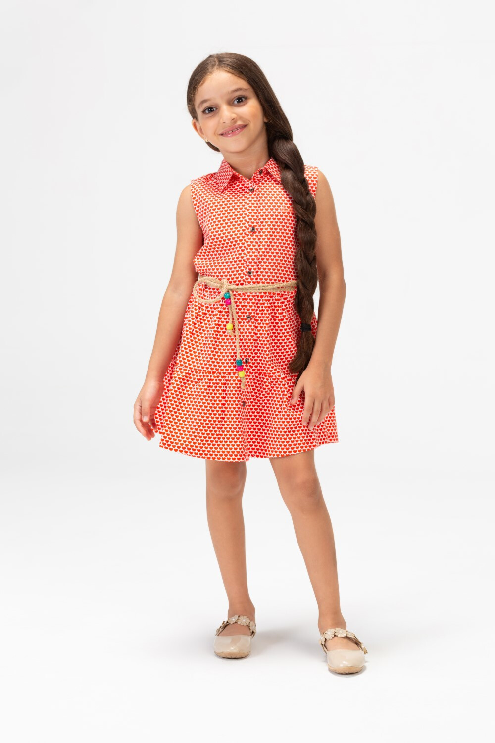 Girls Tomato Printed Dress With Front Buttons And Waist Belt Red