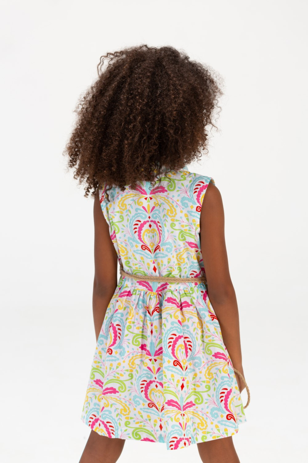 Girls Printed Dress With Front Buttons And A Waist Belt Fushia