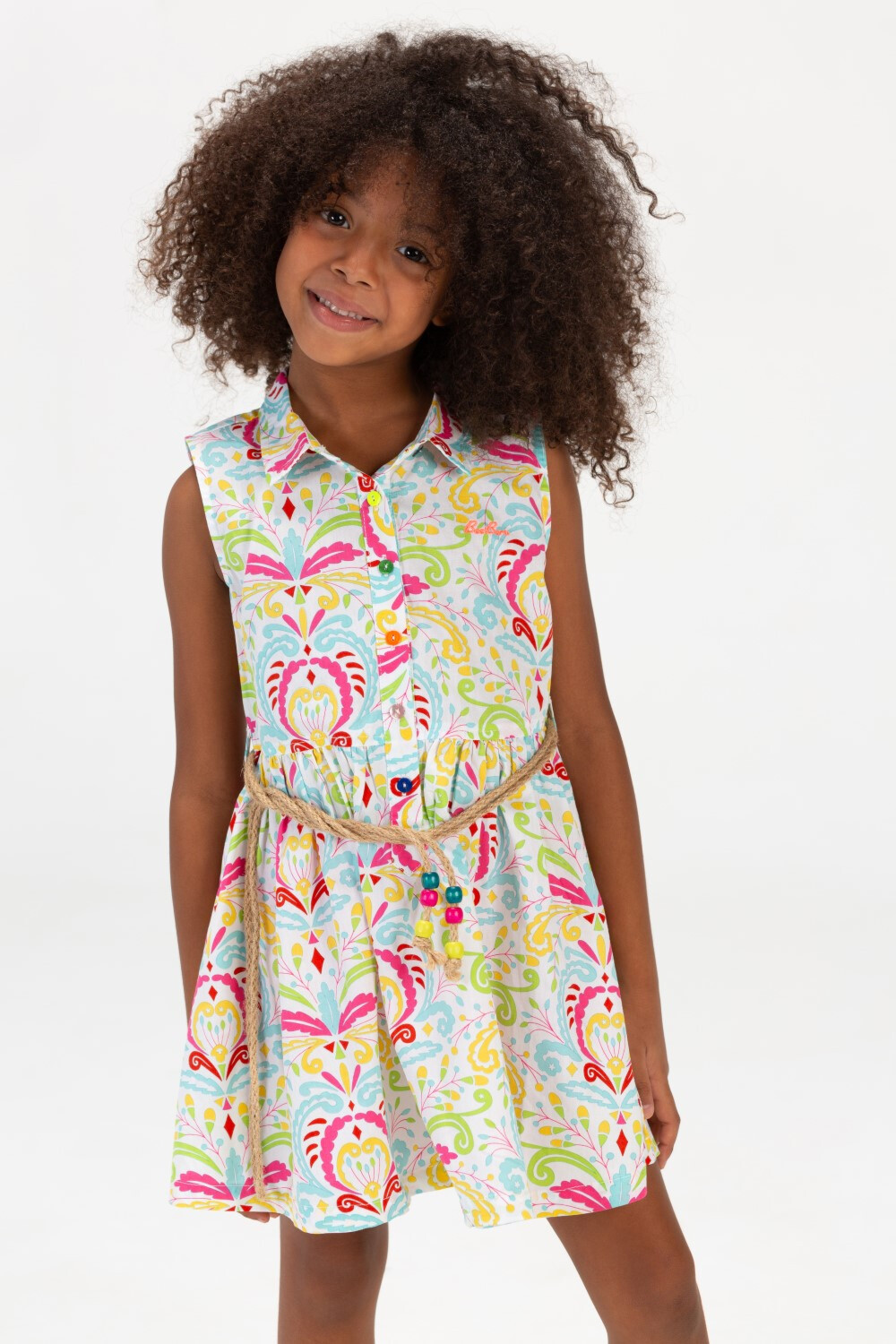 Girls Printed Dress With Front Buttons And A Waist Belt Fushia