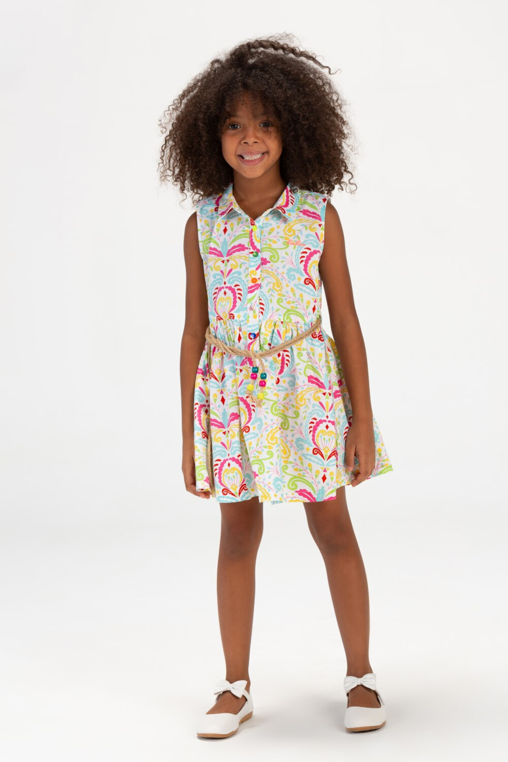 Girls Printed Dress With Front Buttons And A Waist Belt Fushia