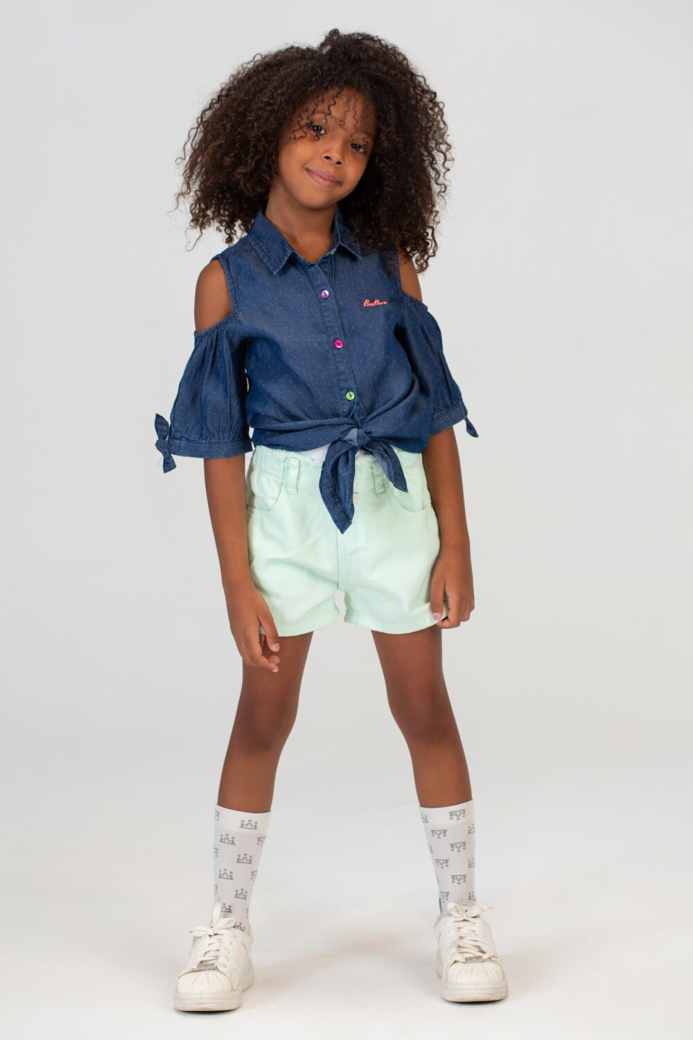 Girls Doted Knee Length Cotton Fabric Cut Blouse In D.blue