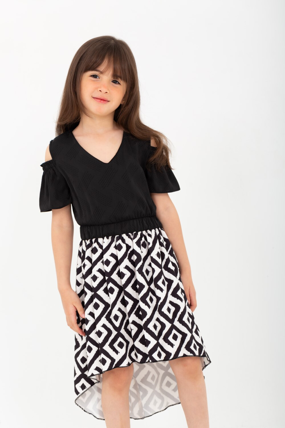 Girls Printed v-neck long from the back dress