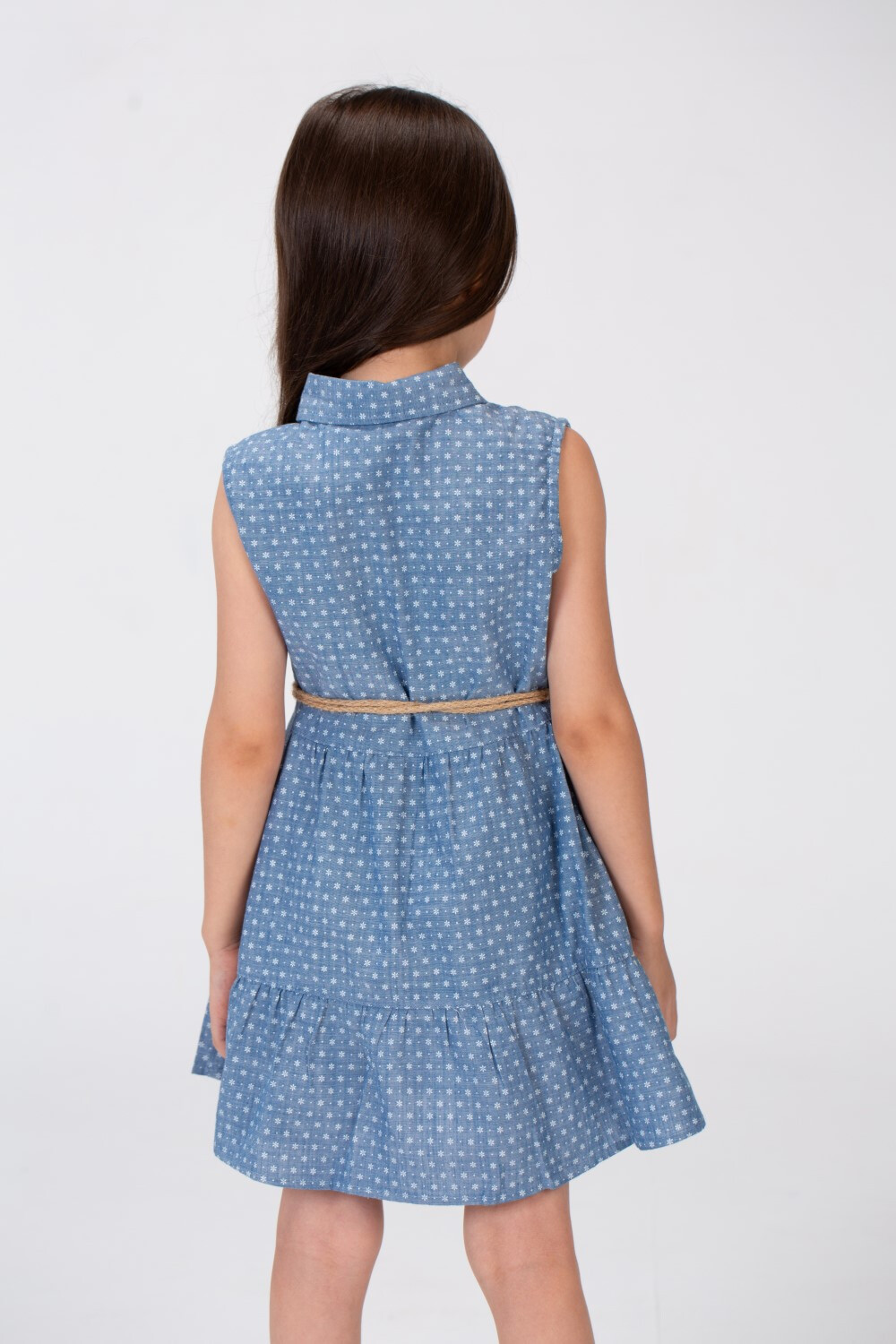 Girls Jacar Dotted Cut Dress With Colorful Front Buttons And A Burlap Belt In The Middle