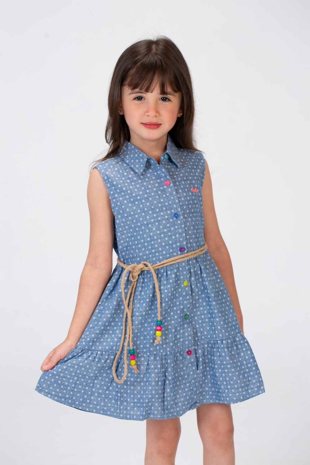 Girls Jacar Dotted Cut Dress With Colorful Front Buttons And A Burlap Belt In The Middle