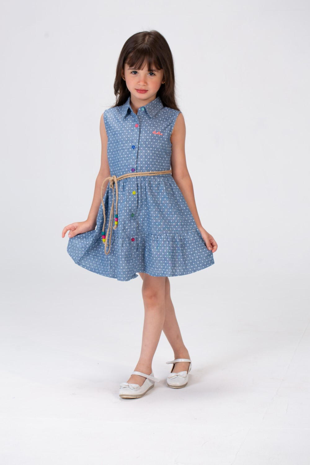 Girls Jacar Dotted Cut Dress With Colorful Front Buttons And A Burlap Belt In The Middle