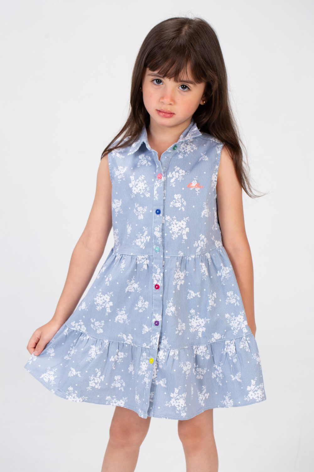 Girls Jacar Floral Cut Dress With Colorful Button Front And Collar