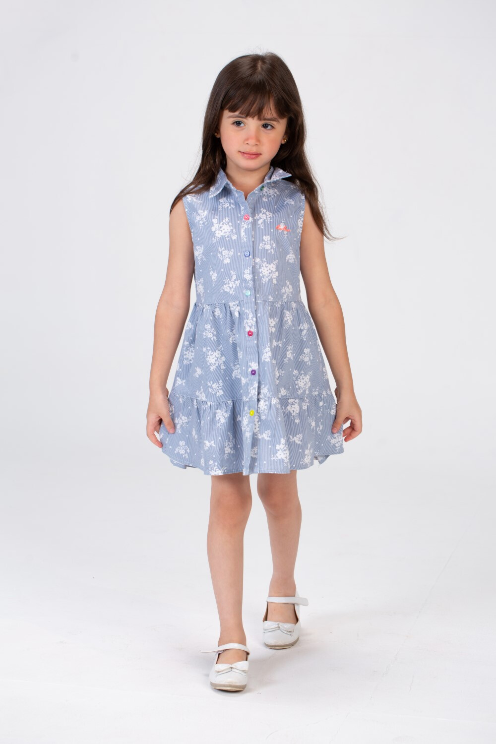 Girls Jacar Floral Cut Dress With Colorful Button Front And Collar