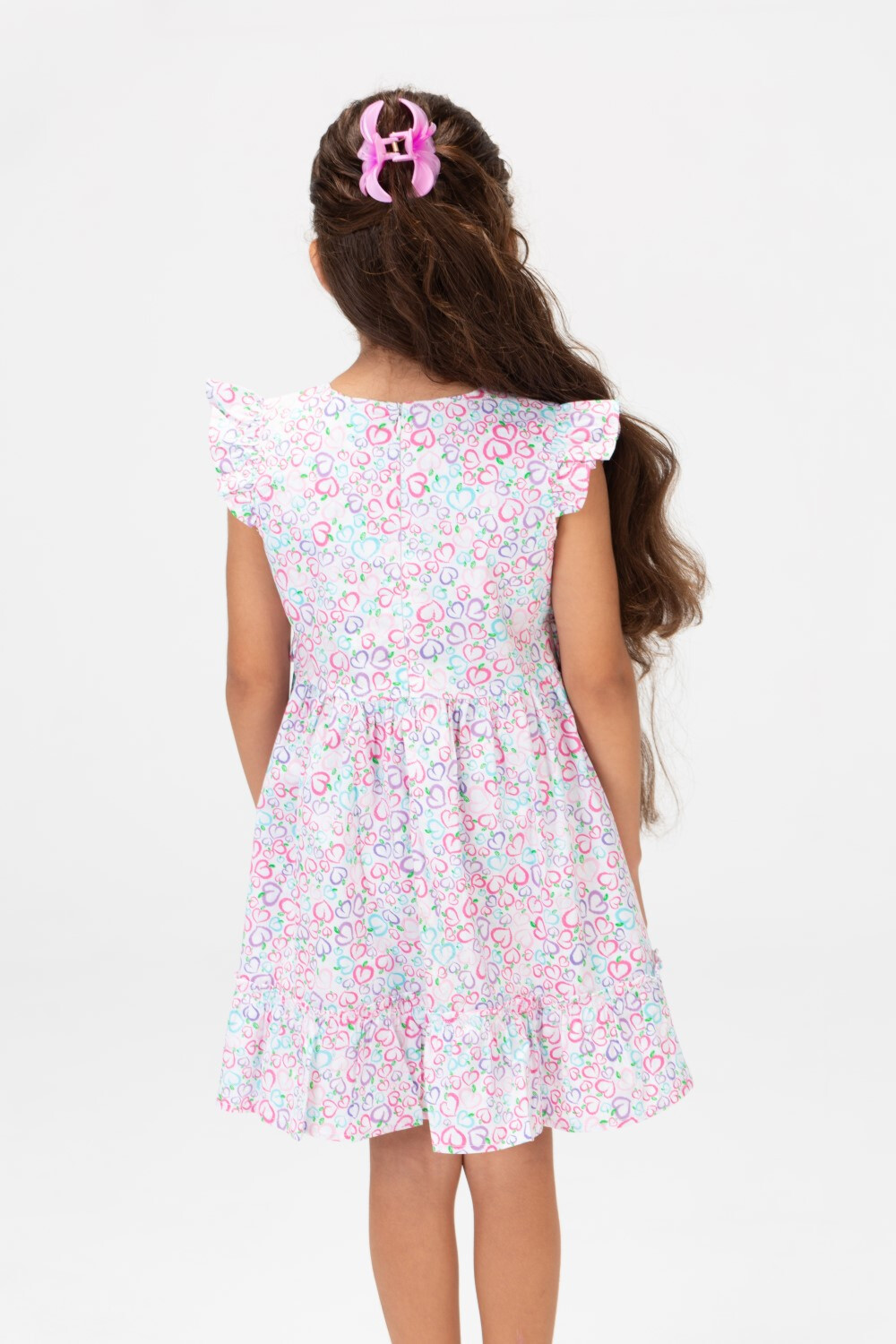 Girls Jakar Printed Dress With Ruffled Shoulders Rose