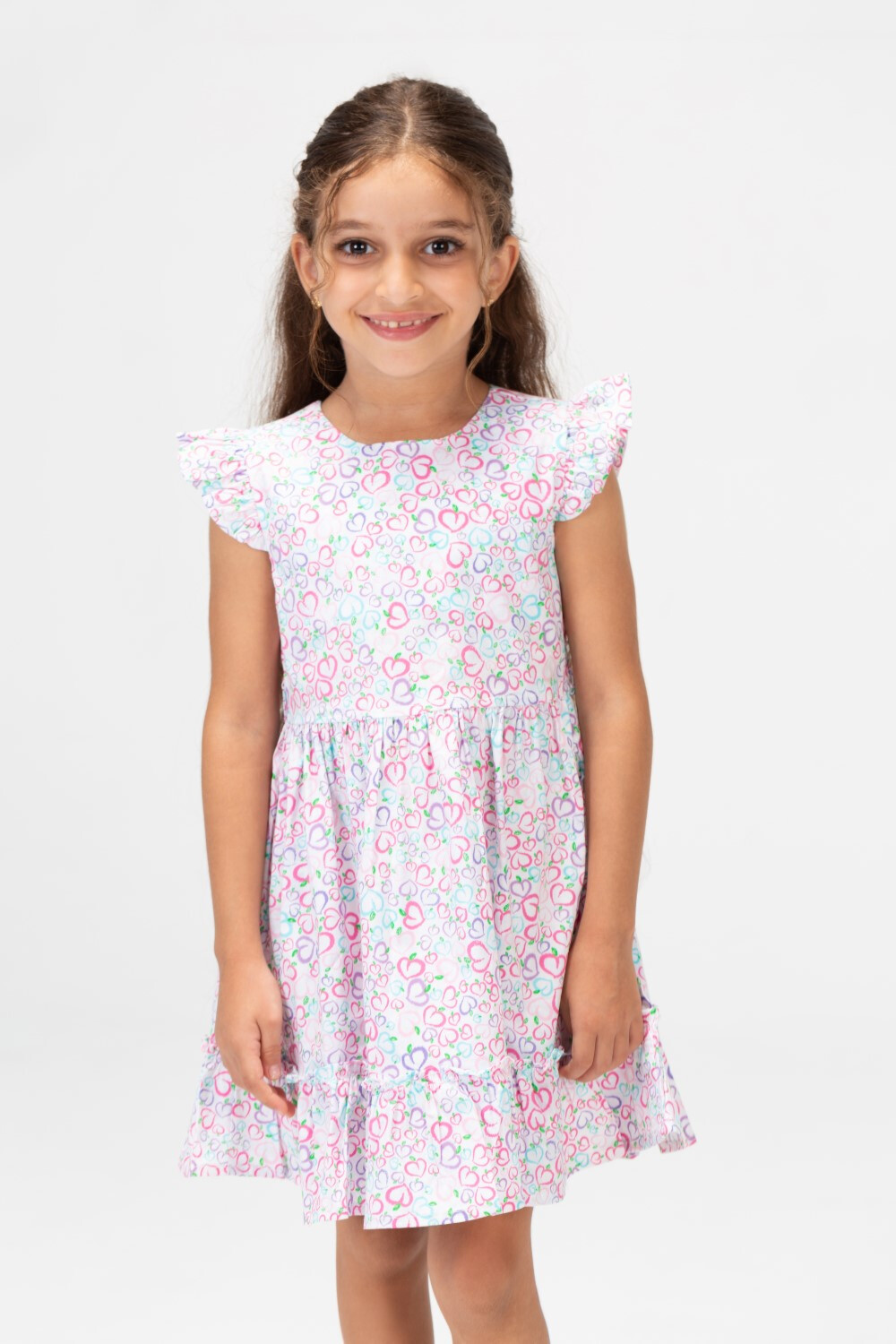 Girls Jakar Printed Dress With Ruffled Shoulders Rose
