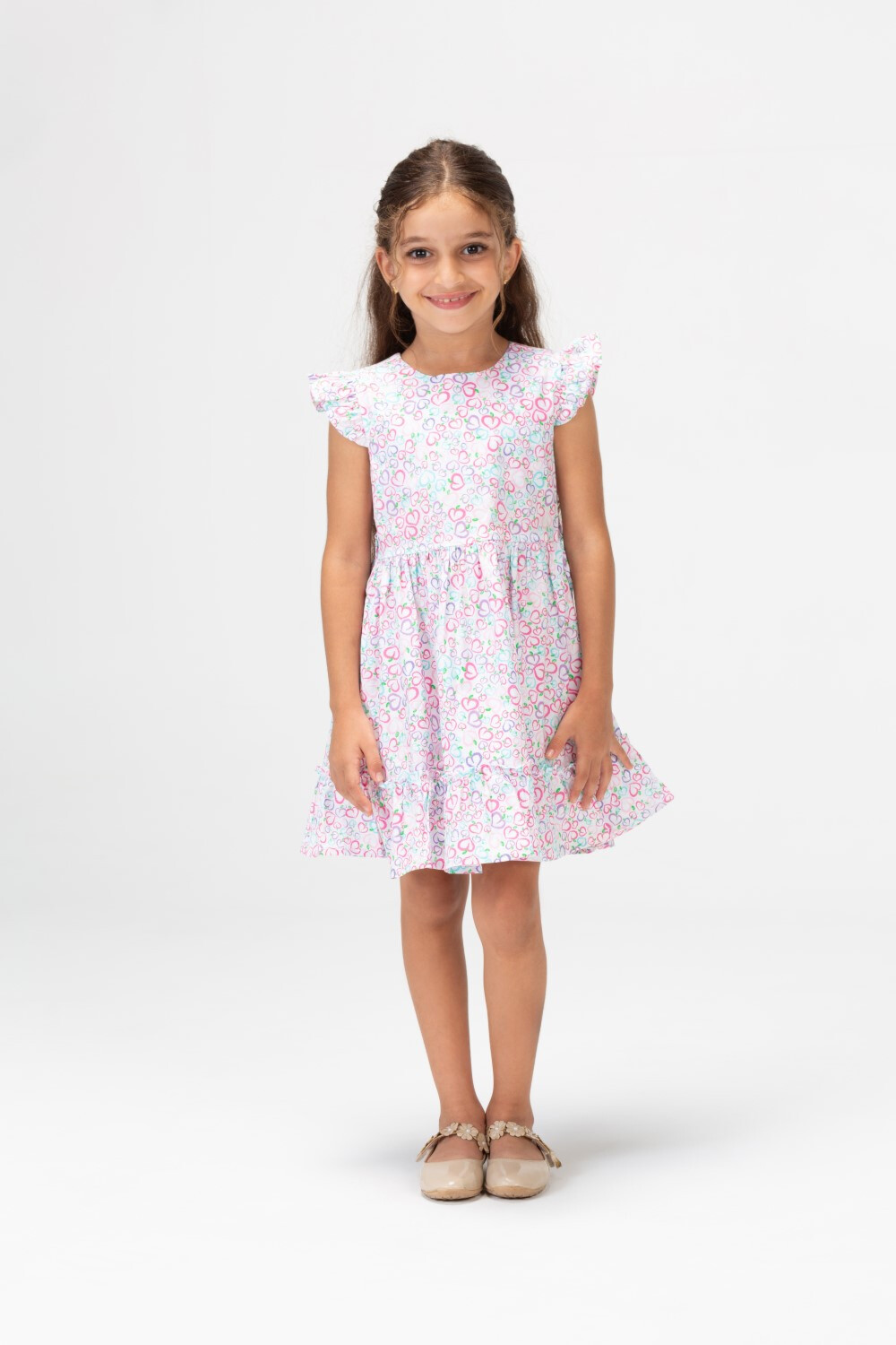 Girls Jakar Printed Dress With Ruffled Shoulders Rose