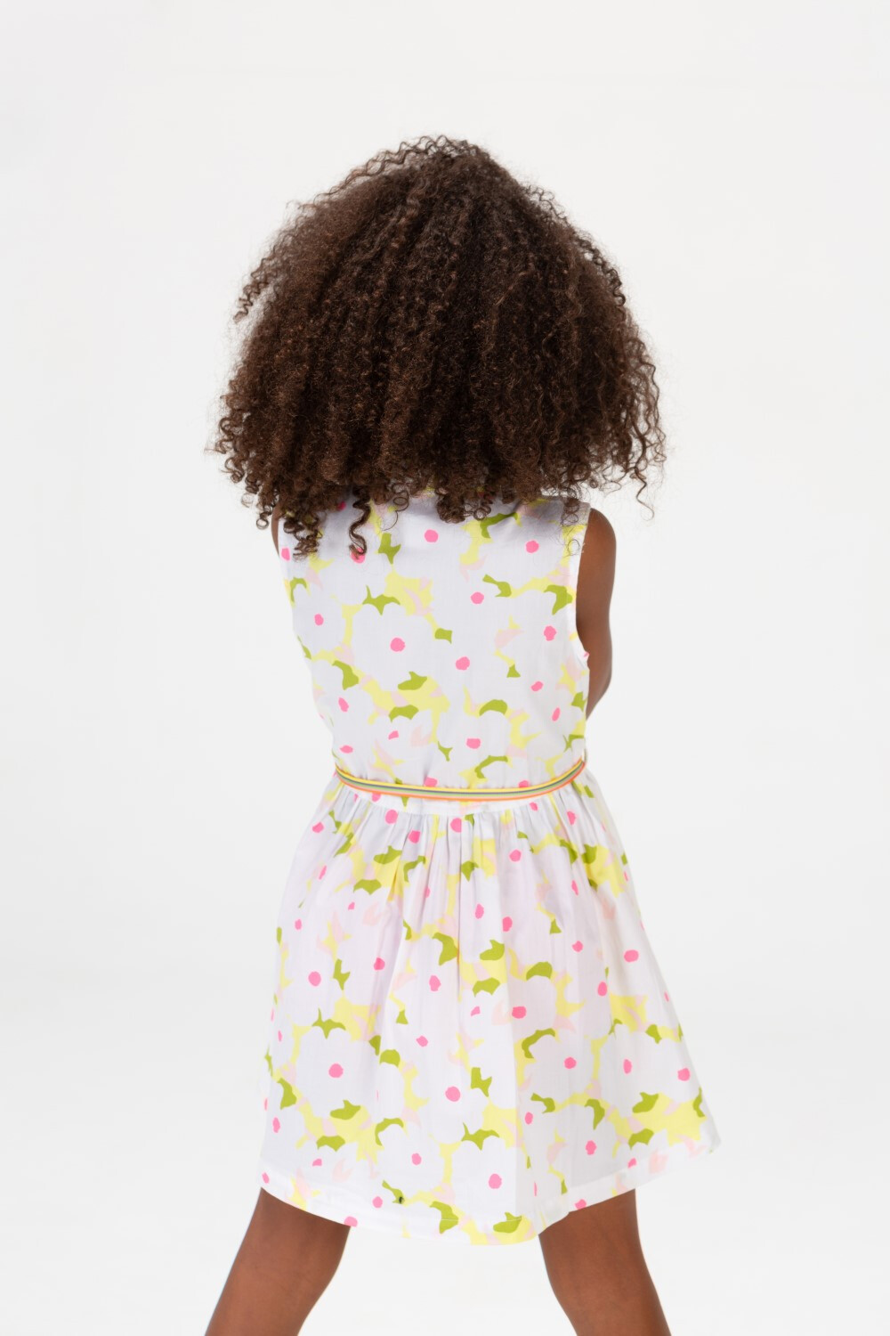 Girls Printed Jakar Dress With Colorful Front Buttons And A Waist Belt Yellow