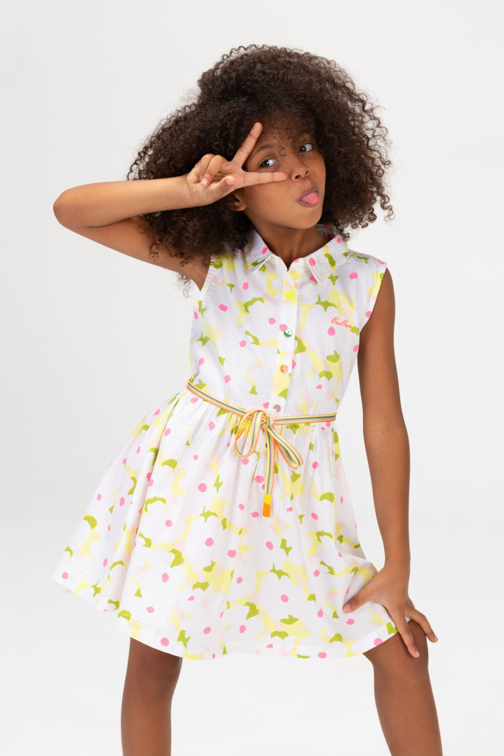 Girls Printed Jakar Dress With Colorful Front Buttons And A Waist Belt Yellow