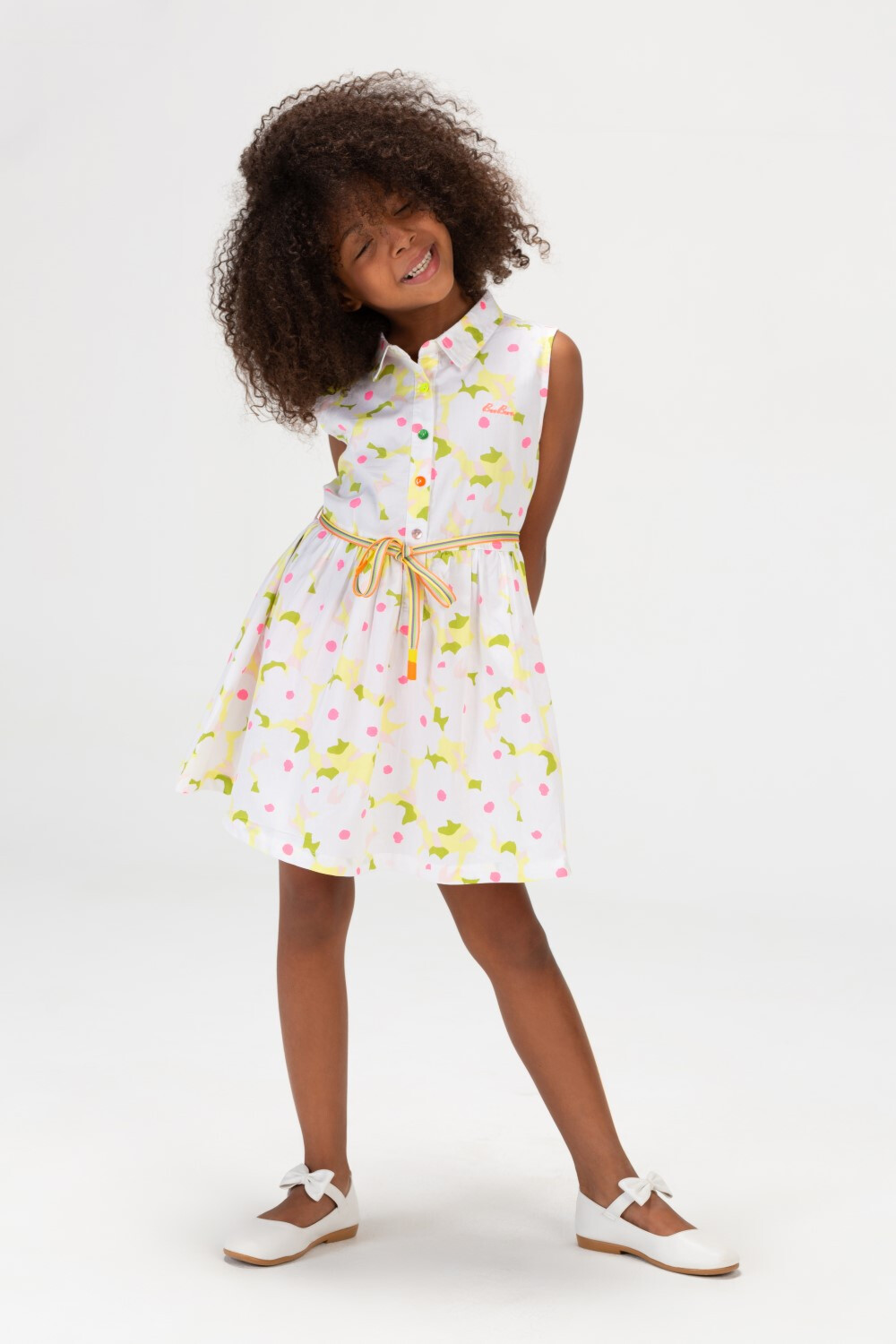 Girls Printed Jakar Dress With Colorful Front Buttons And A Waist Belt Yellow