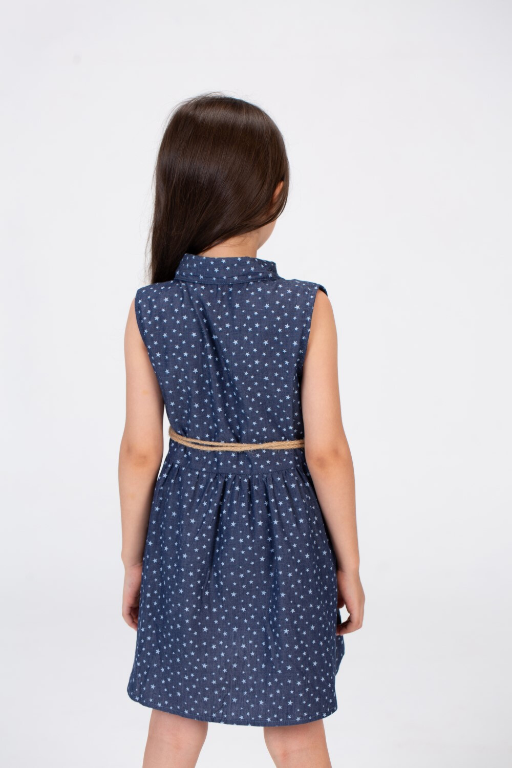 Girls Stars Print Jacar Dress With Front Buttons And A Burlap Belt In The Middle