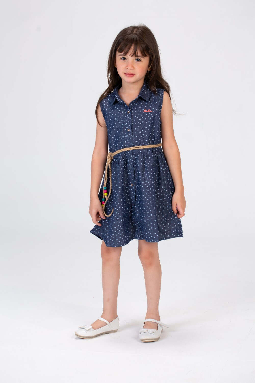 Girls Stars Print Jacar Dress With Front Buttons And A Burlap Belt In The Middle