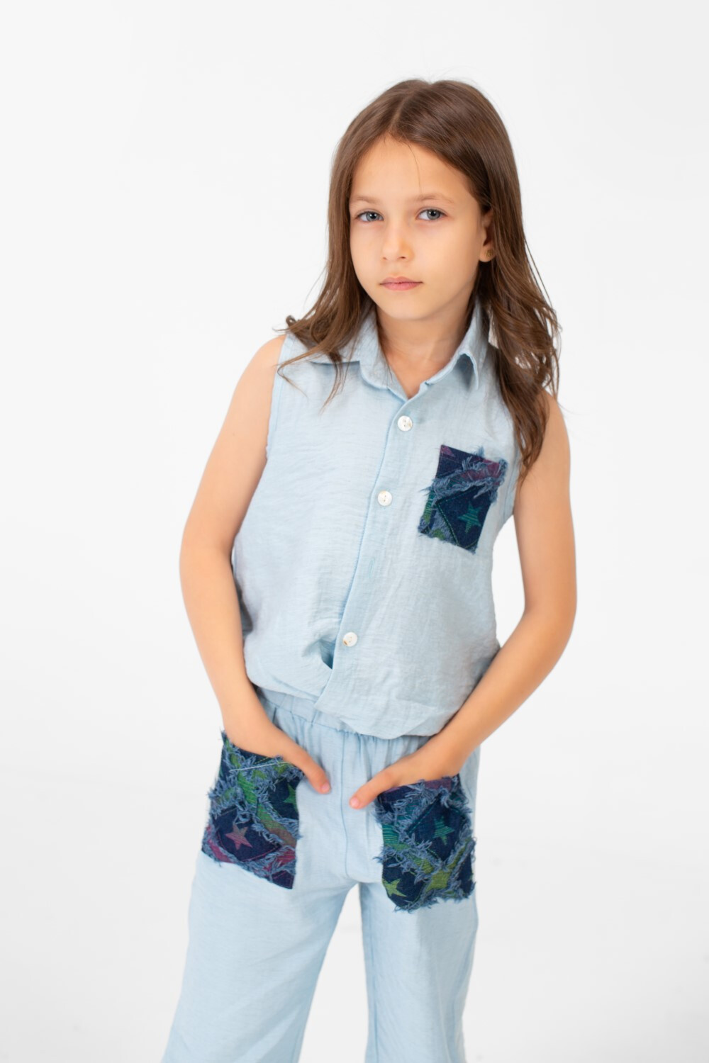 Girl's Printed Pockets Cut Blouse And Pants Outfit Practical And Comfortable