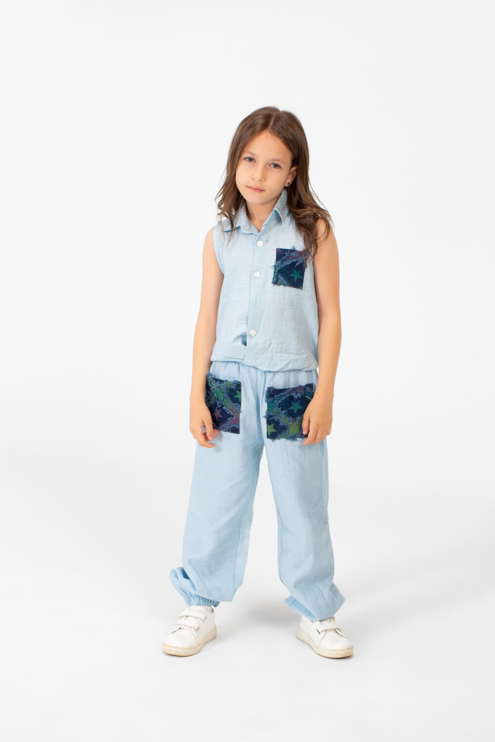 Girl's Printed Pockets Cut Blouse And Pants Outfit Practical And Comfortable