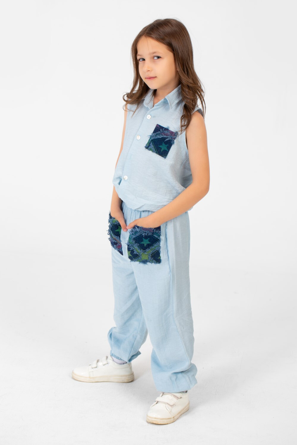 Girl's Printed Pockets Cut Blouse And Pants Outfit Practical And Comfortable