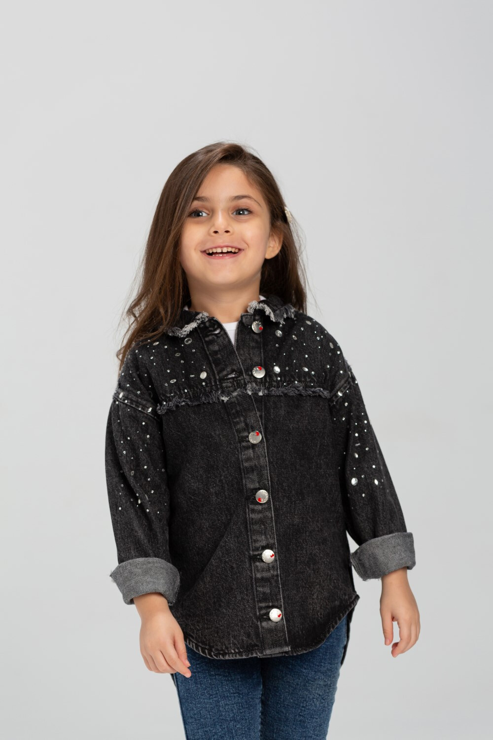Girl's Denim Front Printed Unique Details Long Sleeves Shirt
