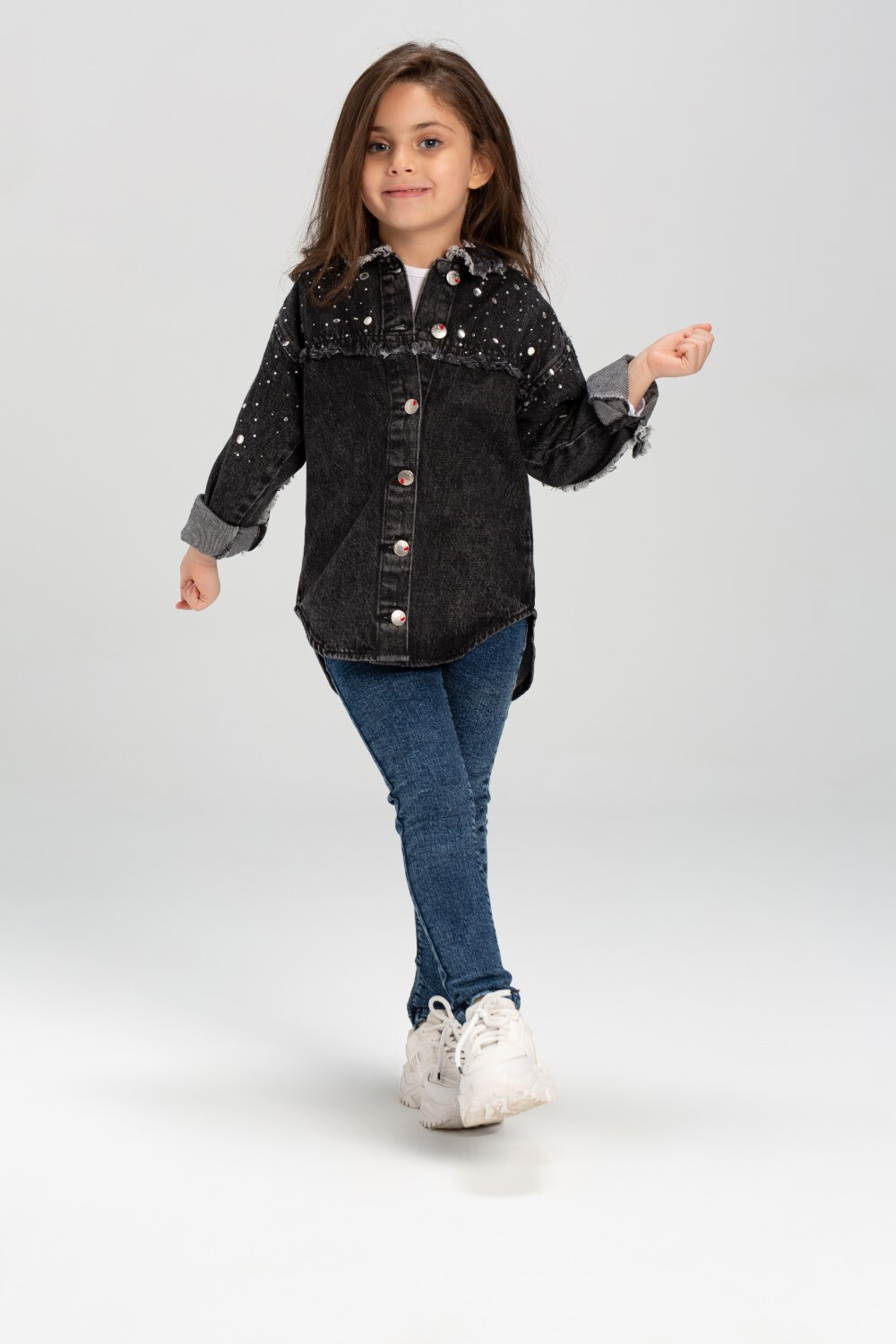 Girl's Denim Front Printed Unique Details Long Sleeves Shirt