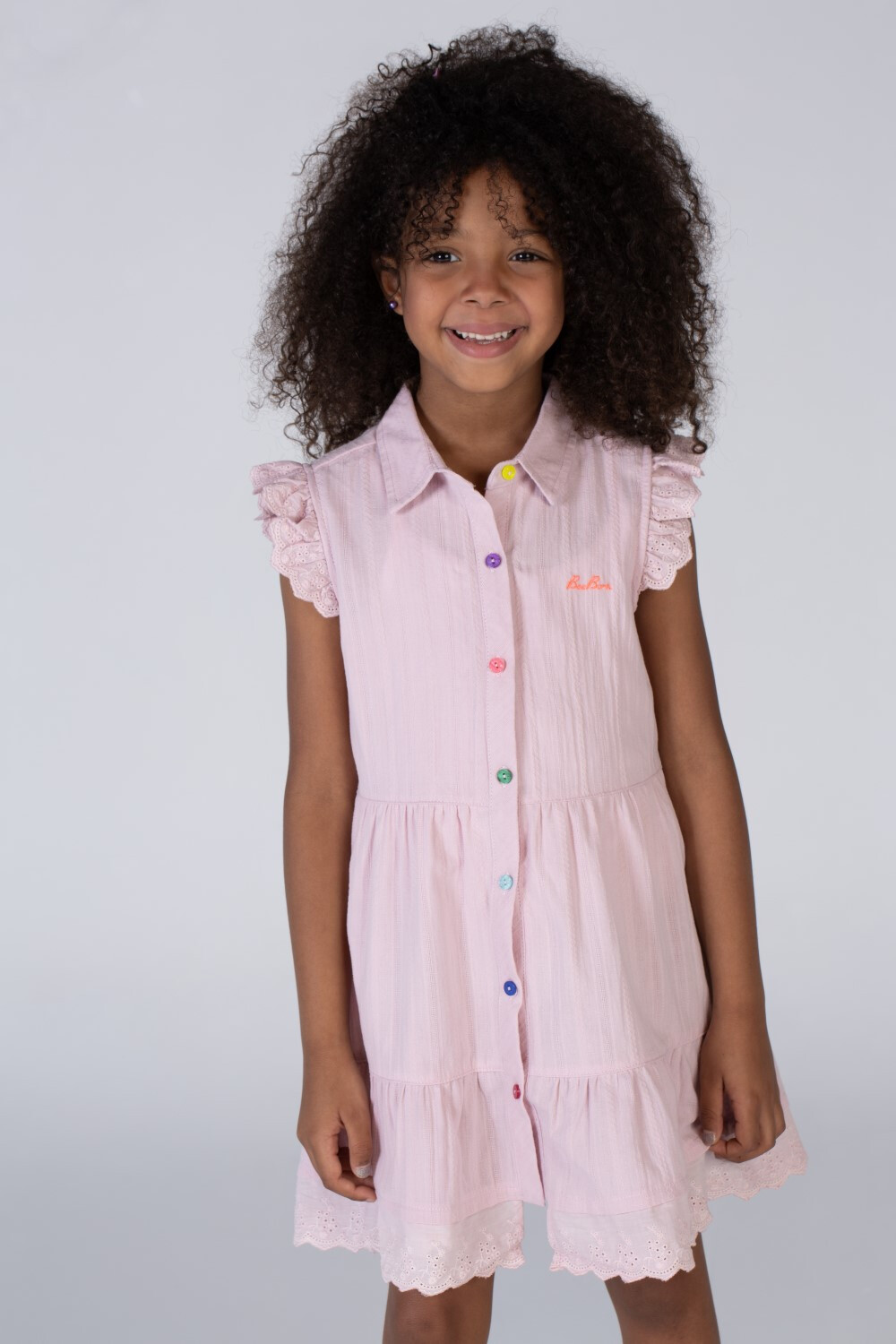 Girls Basic Dress With Ruffles And Colorful Buttons On The Front