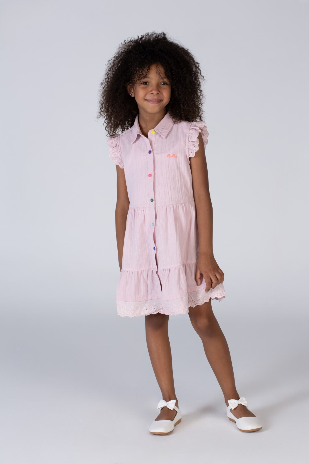 Girls Basic Dress With Ruffles And Colorful Buttons On The Front