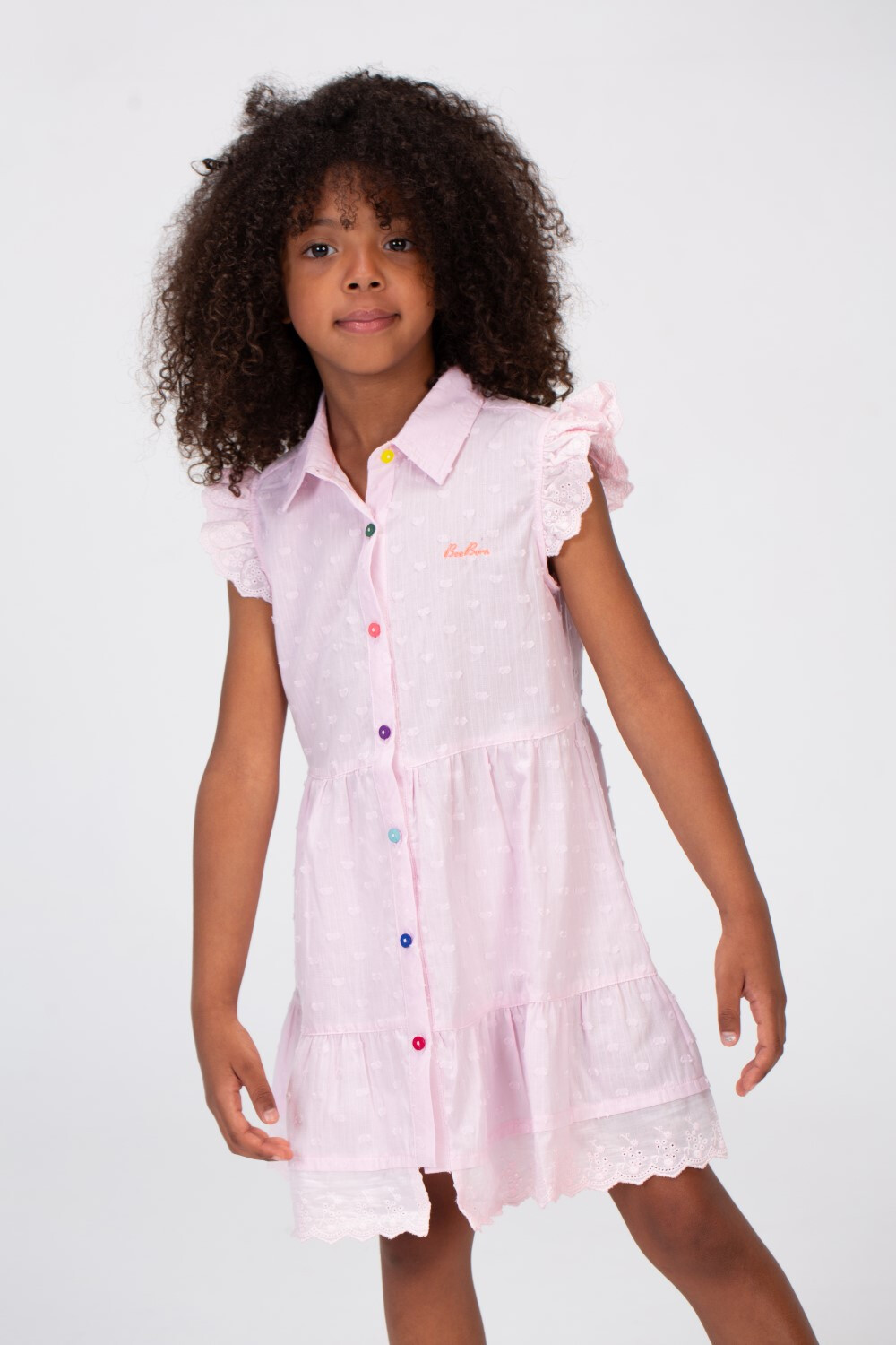 Girls Floral Jacar Dress With Off The Shoulder Ruffles And Colorful Buttons On The Front