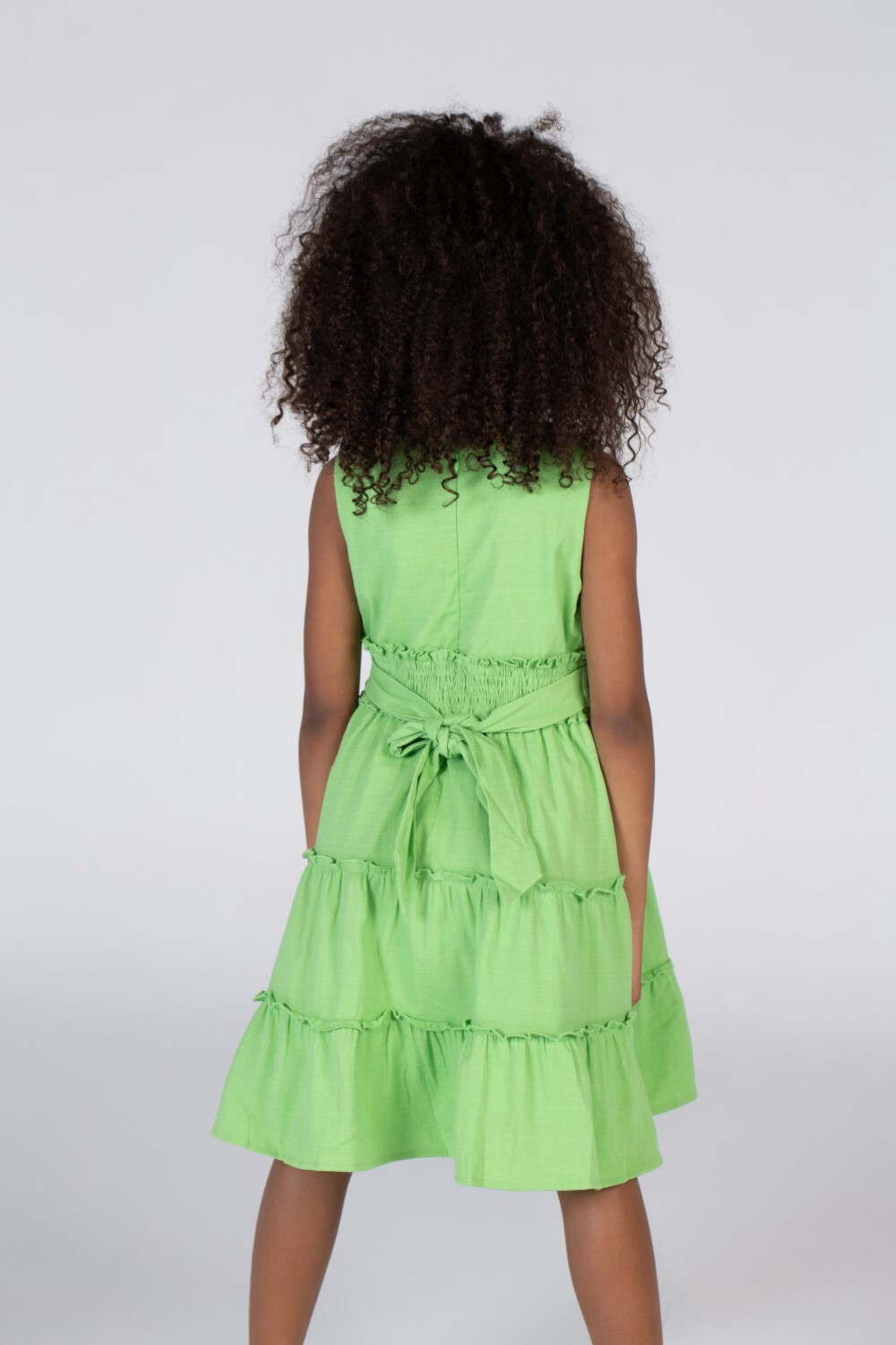 Girls Basic Green Cut Dress With A Belt At The Back