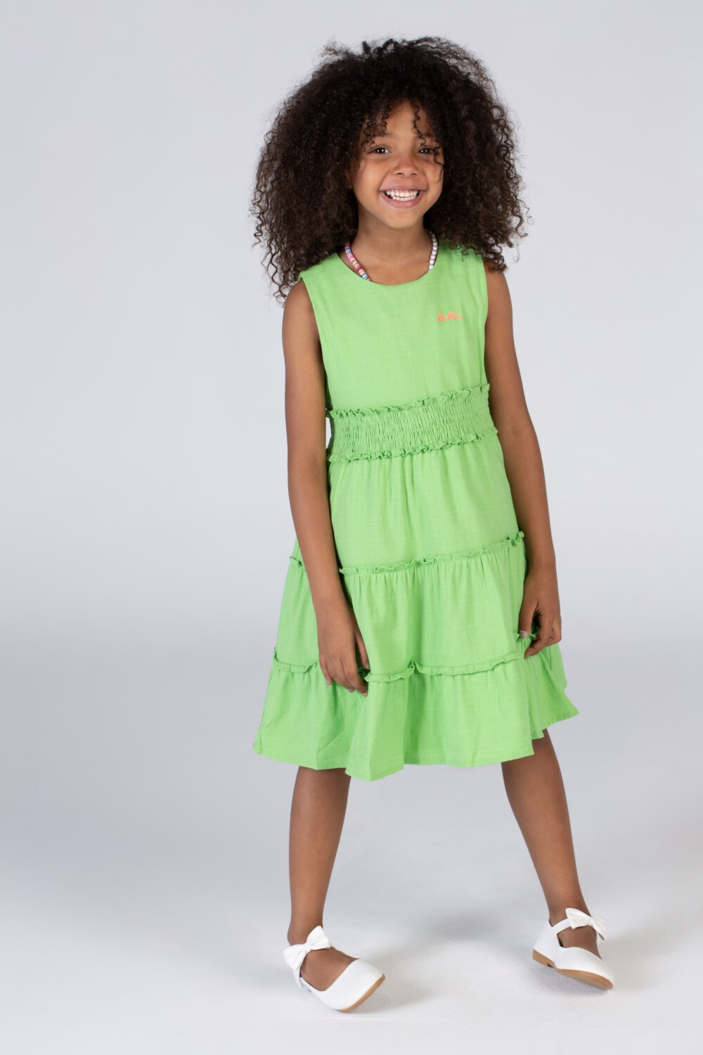 Girls Basic Green Cut Dress With A Belt At The Back
