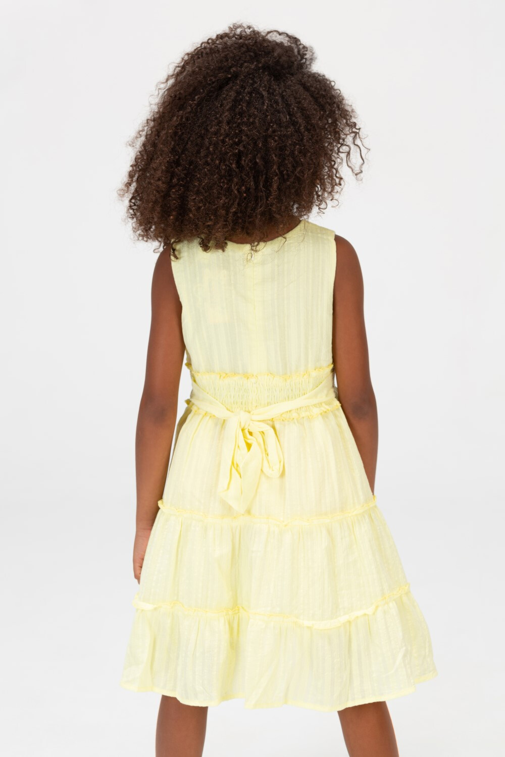 Girls Basic Sleeveless Fabric Dress With A Waist Belt At The Back In Yellow