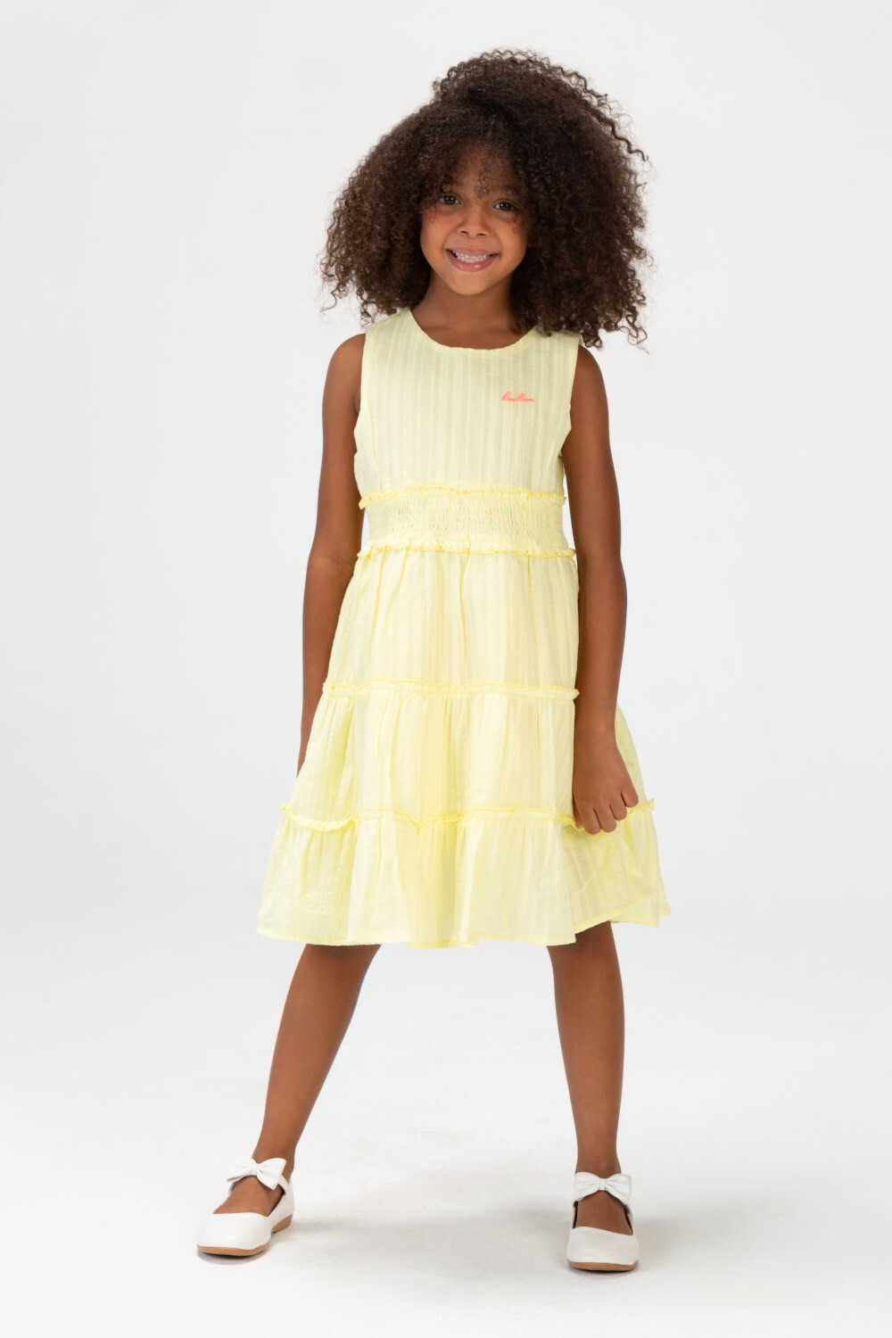 Girls Basic Sleeveless Fabric Dress With A Waist Belt At The Back In Yellow