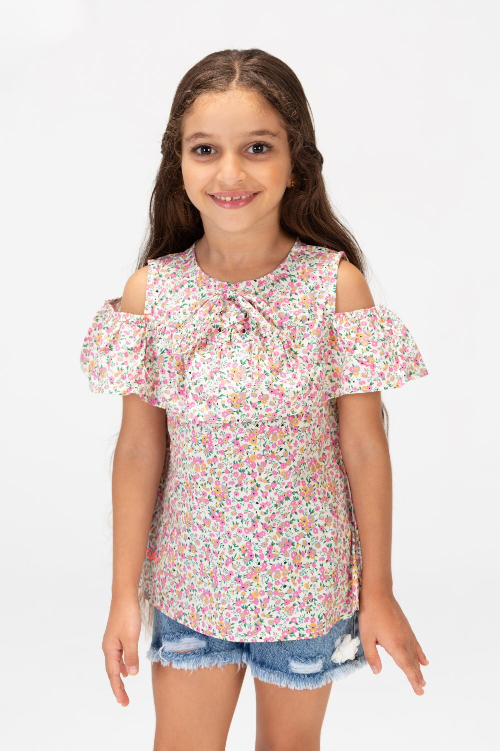 Girls Half Sleeved Off Shoulder Blouse Printed With Flowers Rose