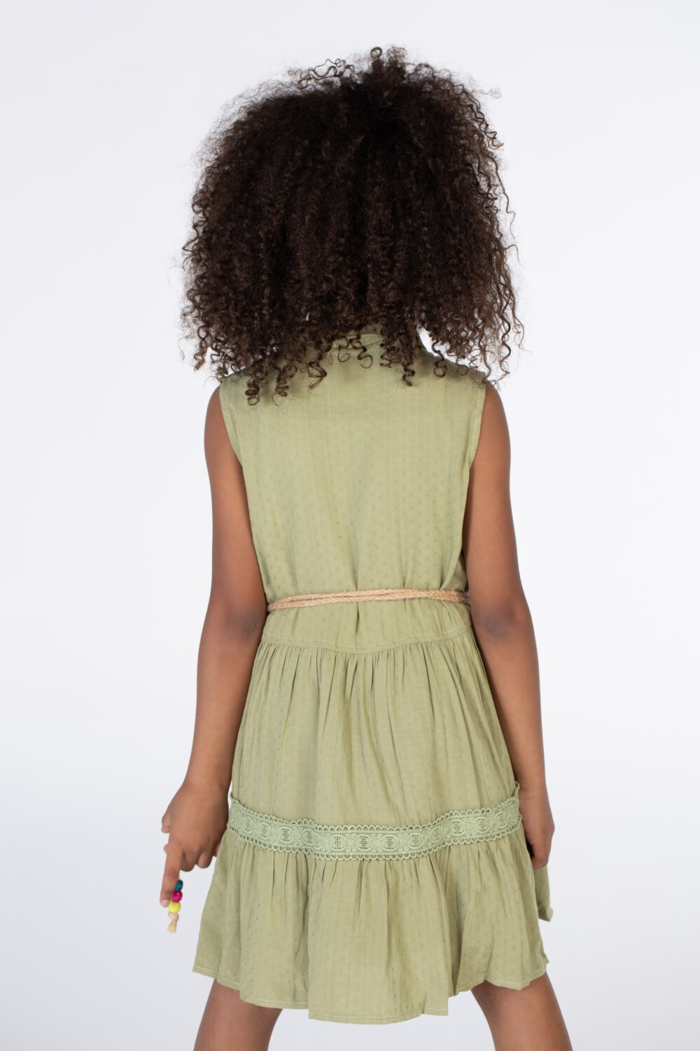 Girls Collar Front Pockets green colore Cut Dress With Waist Belt And Colorful Front Buttons