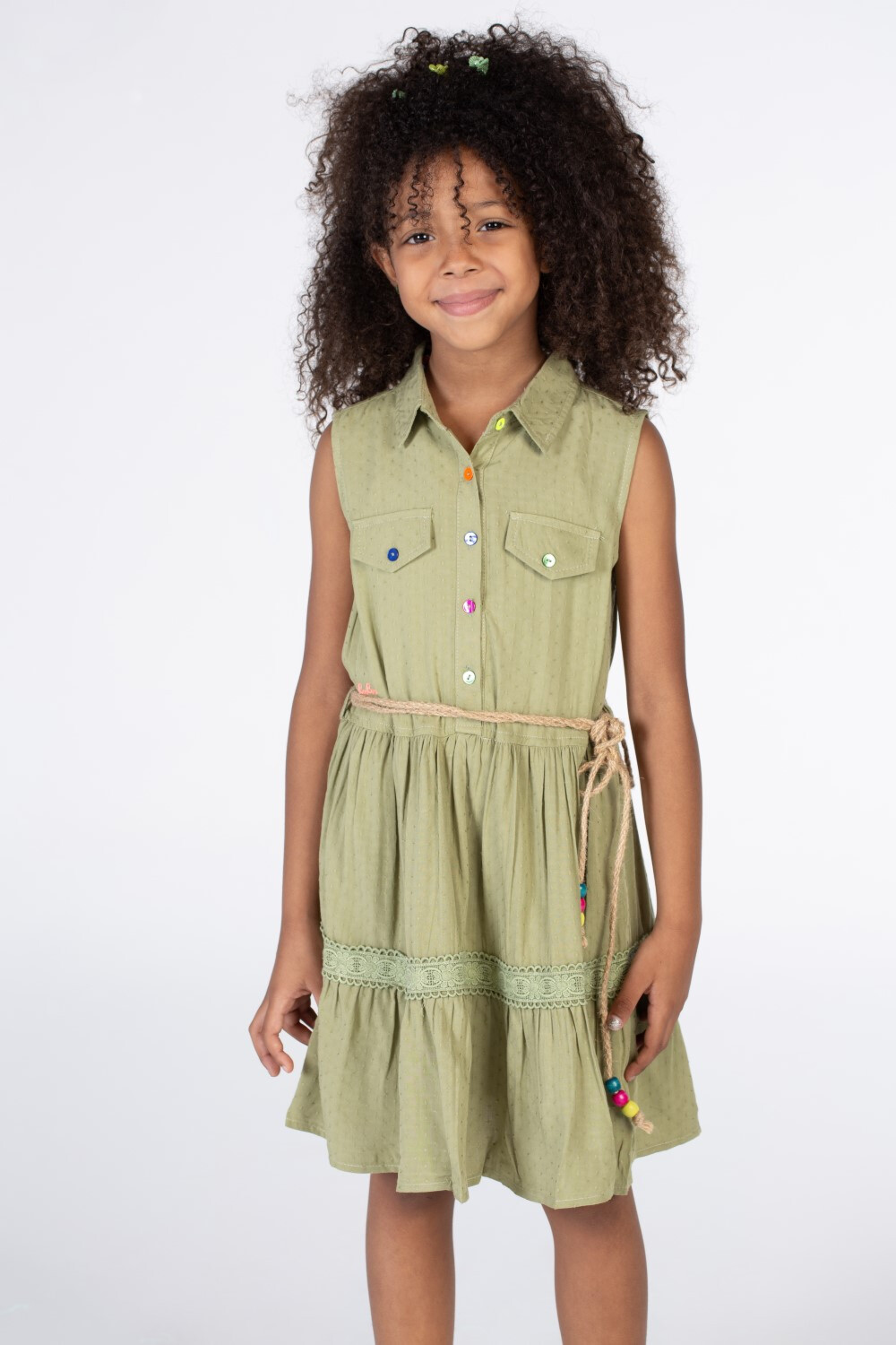 Girls Collar Front Pockets green colore Cut Dress With Waist Belt And Colorful Front Buttons