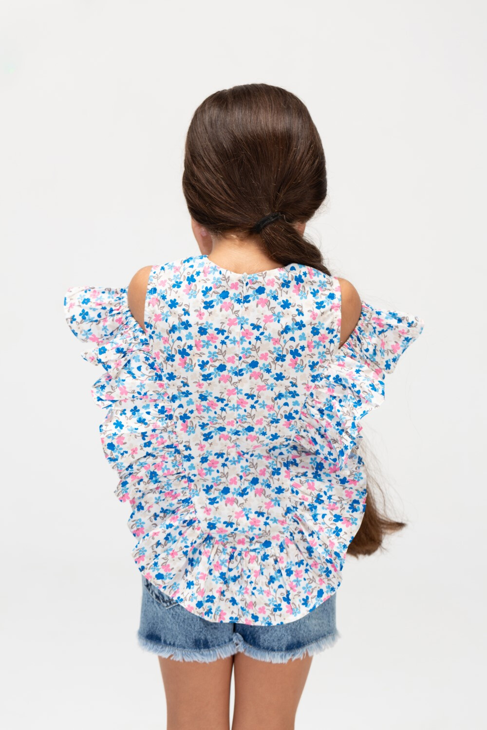 Girls Printed Blouse With Off Shoulders And Trendy Ruffles Blue