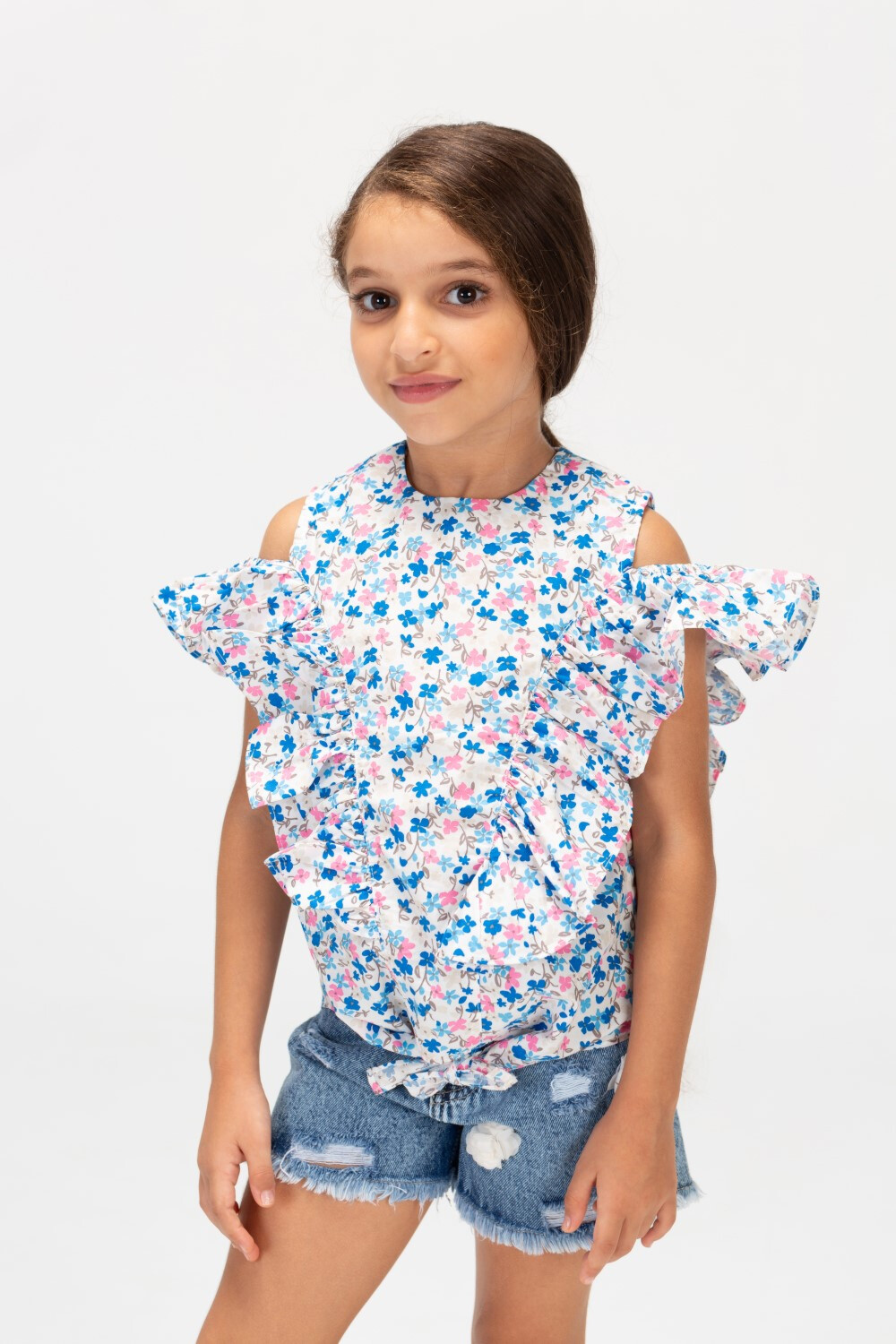 Girls Printed Blouse With Off Shoulders And Trendy Ruffles Blue