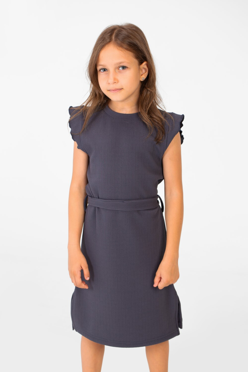 Girl's Basic Fabric Dress With A Shoulder Frill And Middle Strap
