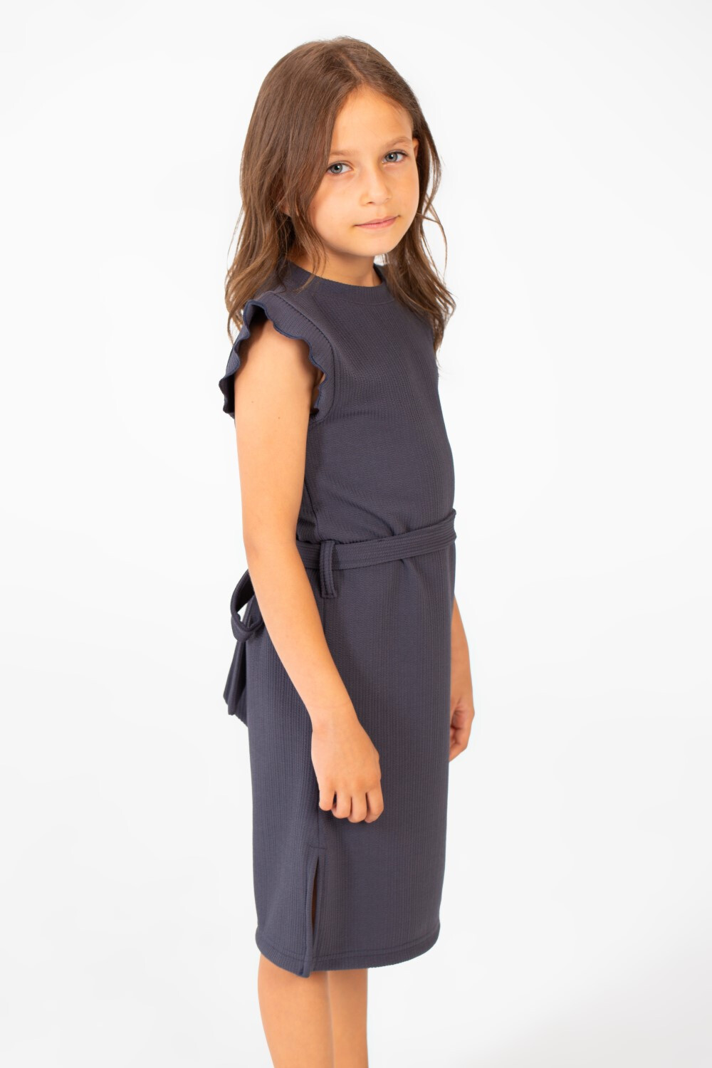 Girl's Basic Fabric Dress With A Shoulder Frill And Middle Strap