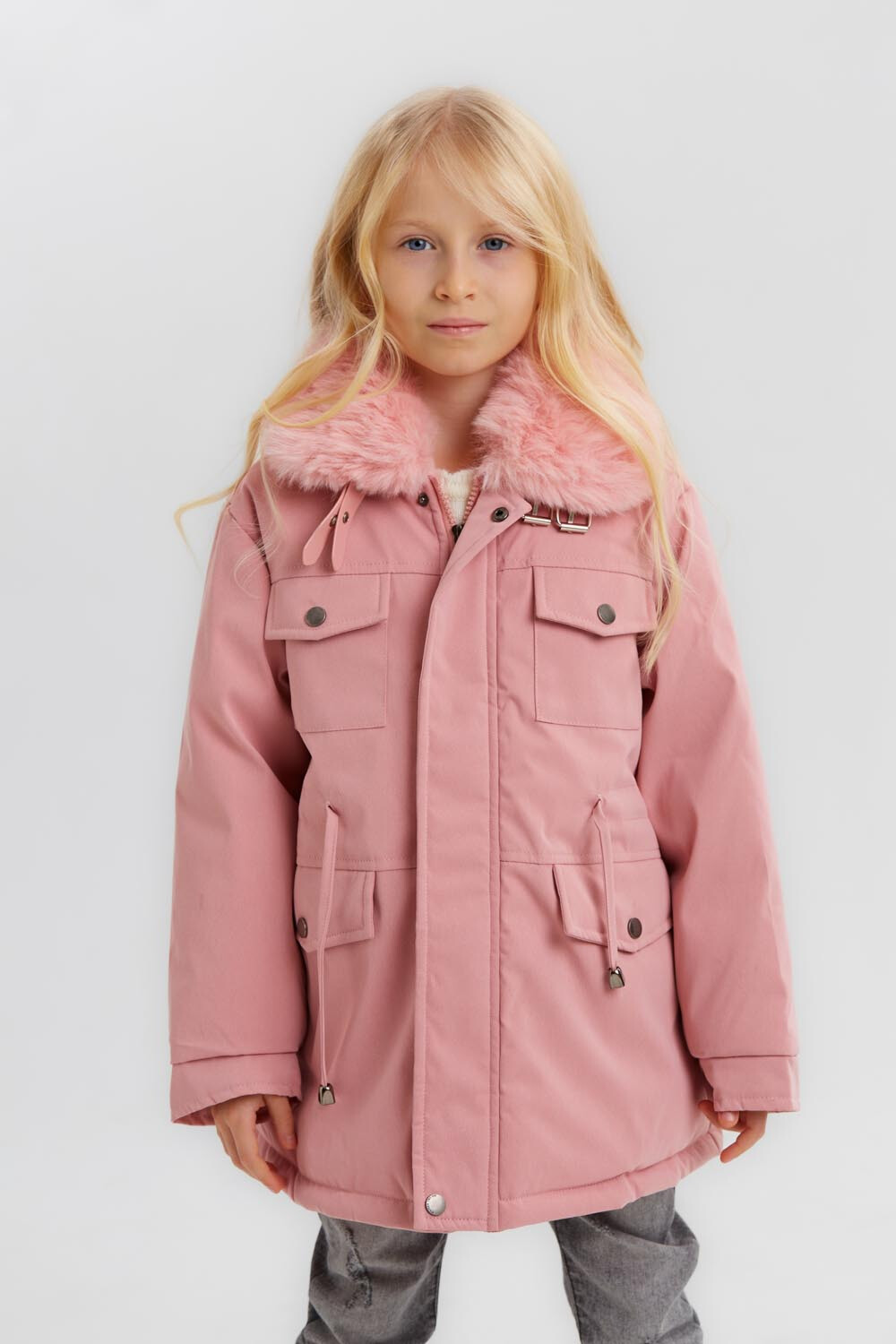 Girl's Casual Long Style Front Pockets Full Zipper Fur Hooded Waterproof Jacket With Fur Neck