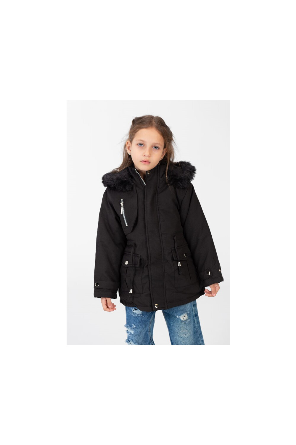 Girl's Gabardine Fur Hood Jacket In Modern Details
