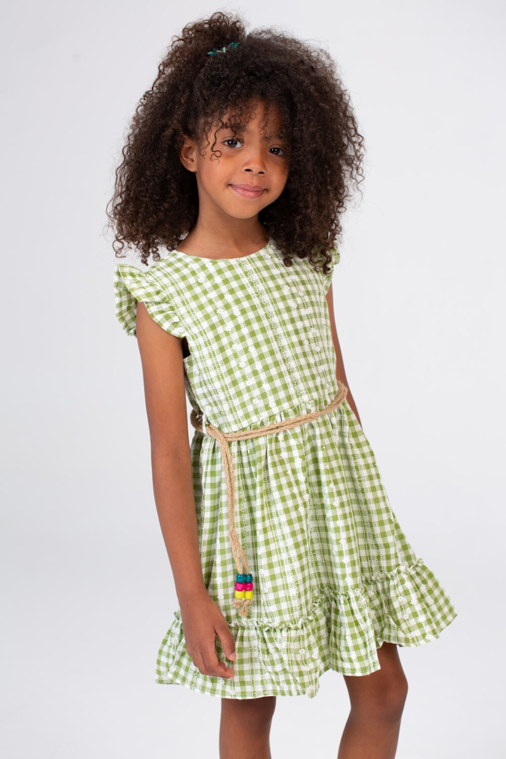 Girls Checkered Dress With Ruffles And A Burlap Belt In The Middle In Green Tomato Stores