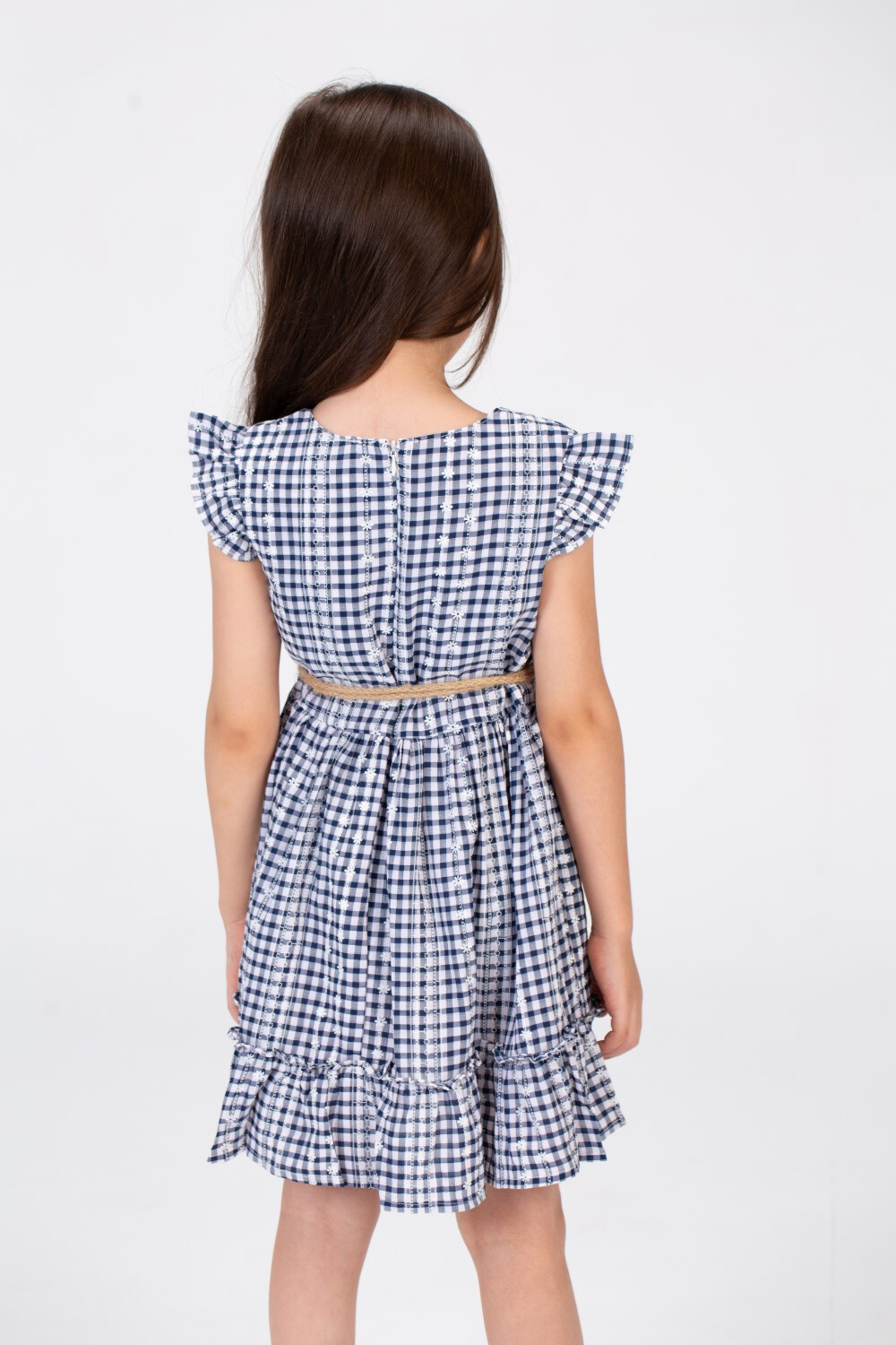 Girls Checkered Dress With A Round Neckline And A Burlap Belt In The Middle In Navy