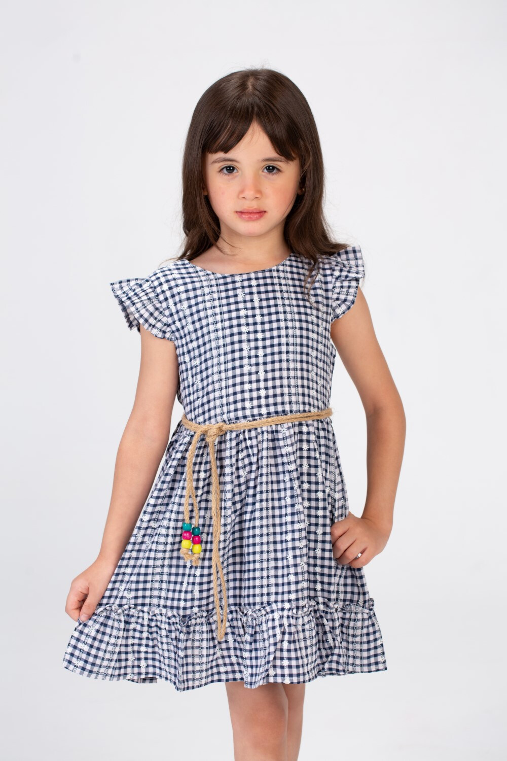 Girls Checkered Dress With A Round Neckline And A Burlap Belt In The Middle In Navy