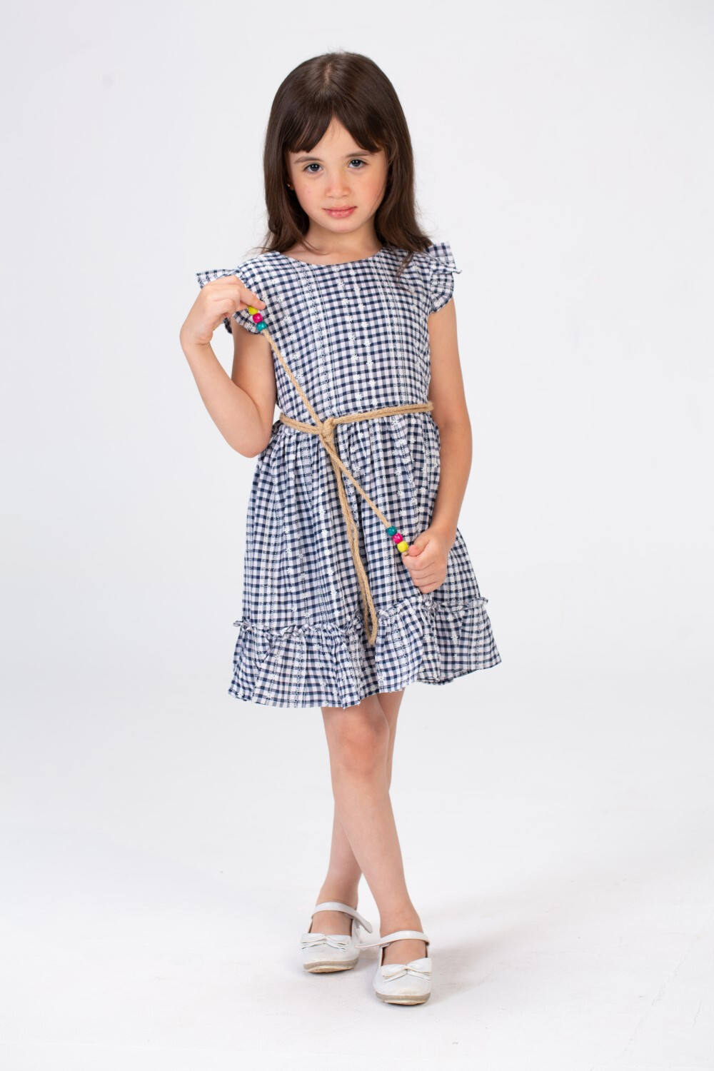 Girls Checkered Dress With A Round Neckline And A Burlap Belt In The Middle In Navy