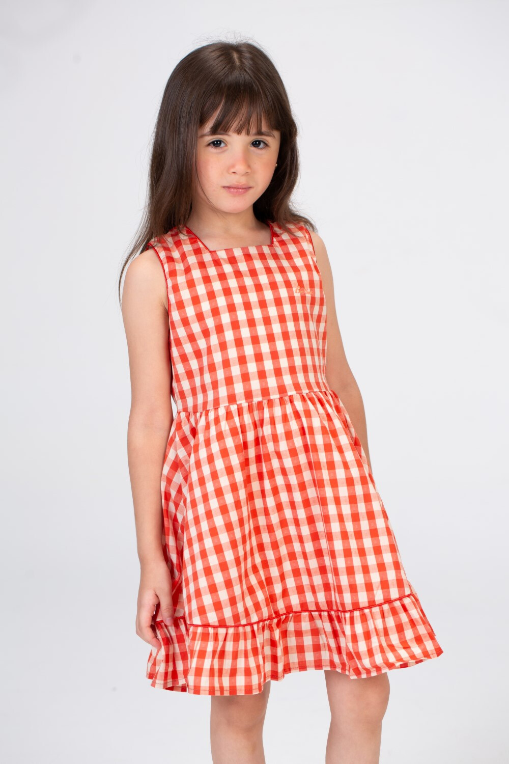 Girls Sleeveless Checkered Dress With Ruffles At The Bottom In Red