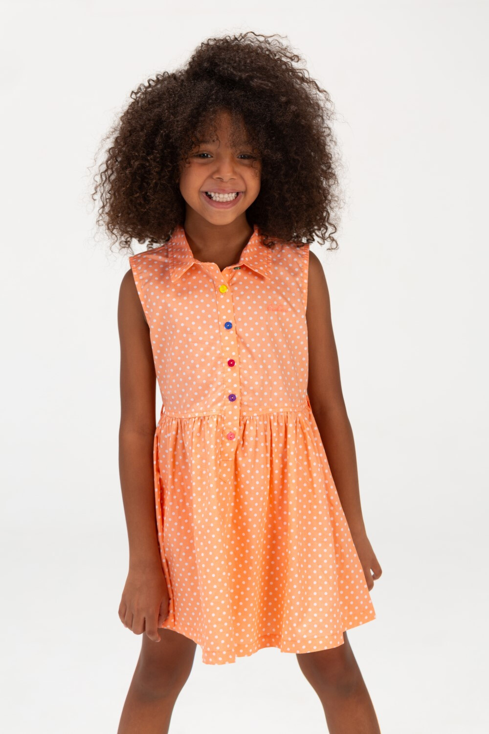 Girls Sleeveless Doted Summer Dress With Colorful Buttons On The Front Salmon