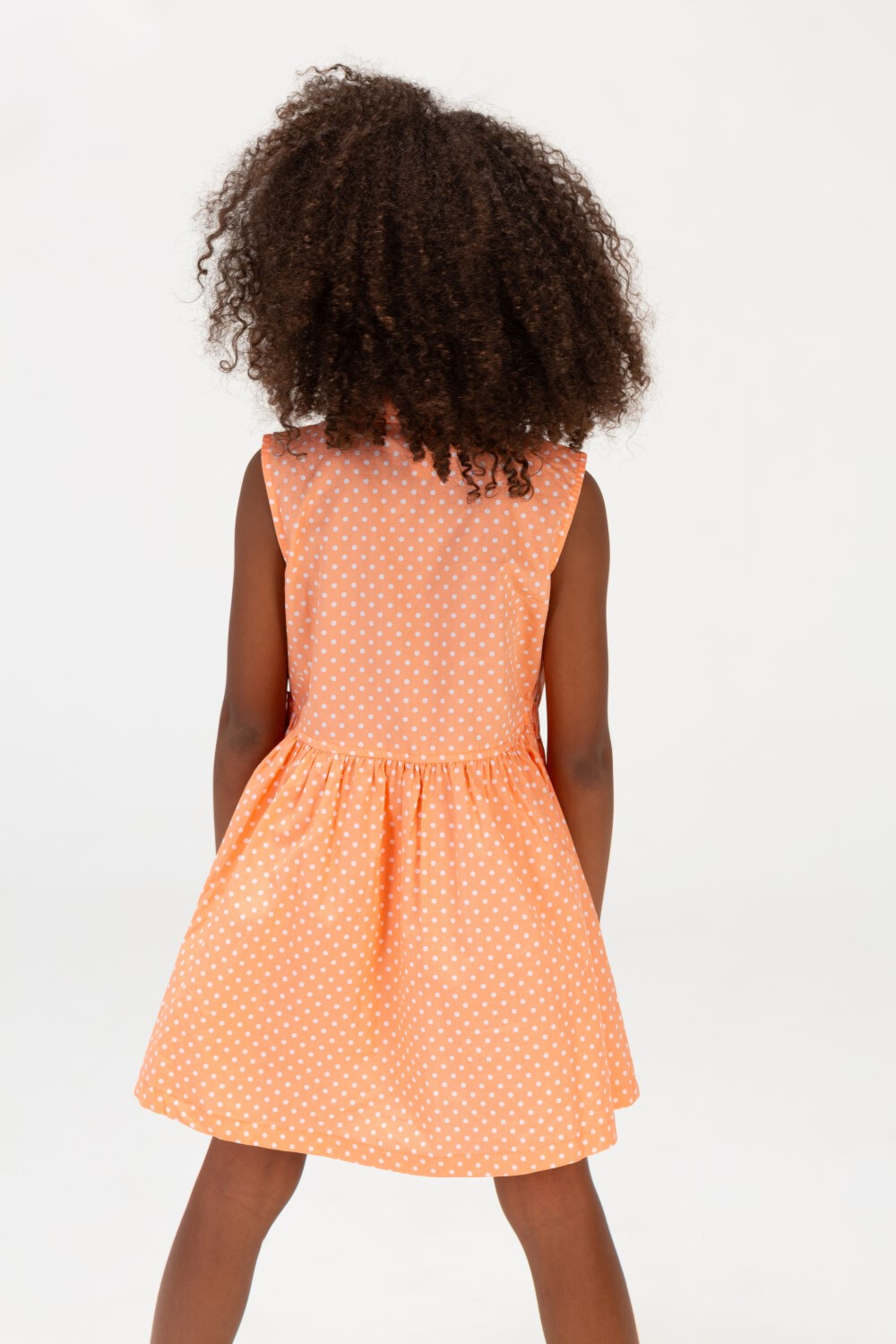 Girls Sleeveless Doted Summer Dress With Colorful Buttons On The Front Salmon